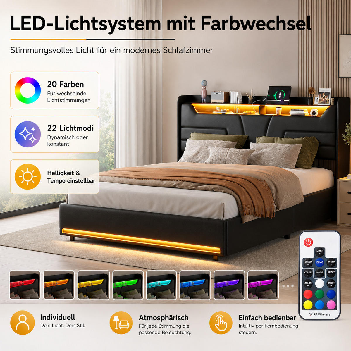 POLSTERBETT 140/200 cm mit LED‑Beleuchtung & USB‑Ladestation, modernes Bett mit Stauraum‑Kopfteil, schwarzes Kunstlederbett für Schlafzimmer - Schwarz, Holz/Metall (140/200cm) - Joyfair