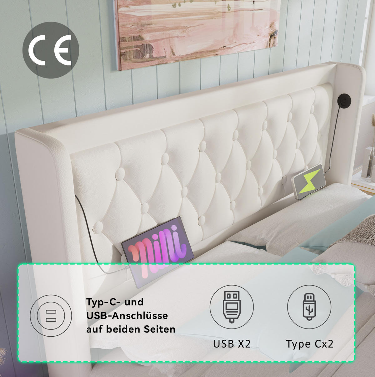 POLSTERBETT 180/200 cm Weiß aus PU mit LED und Ladefunktion - Weiß, Kunststoff (180/200cm) - OKMYHOME