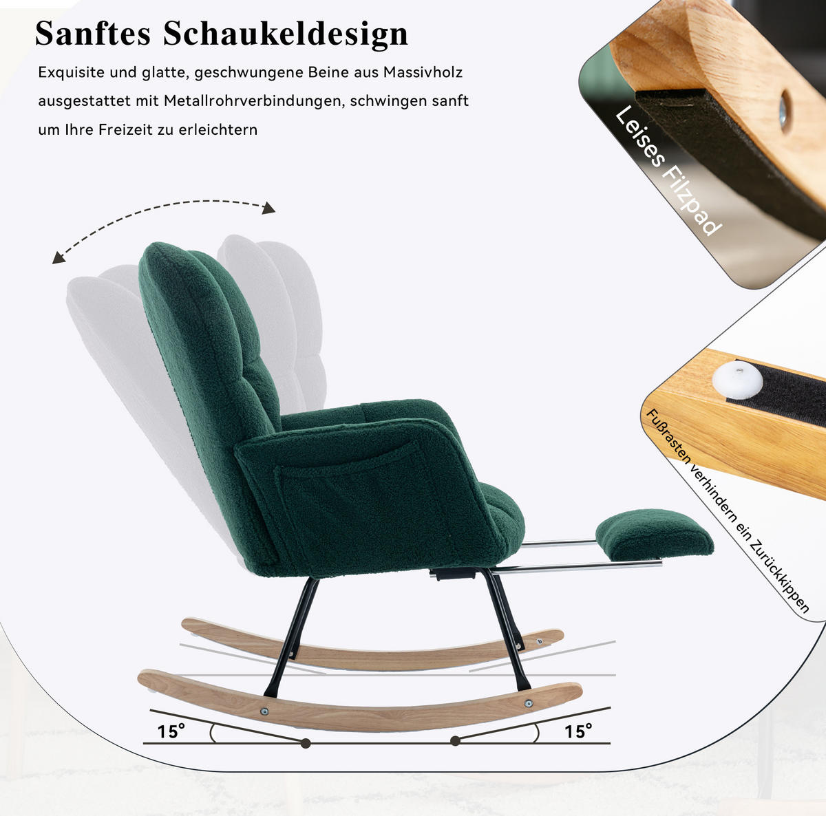 SCHAUKELSTUHL Lammfell-Optik mit klappbarer Fußstütze 80/98/98.5 cm Grün - Grün, Textil (98/98.5/80cm) - Redom
