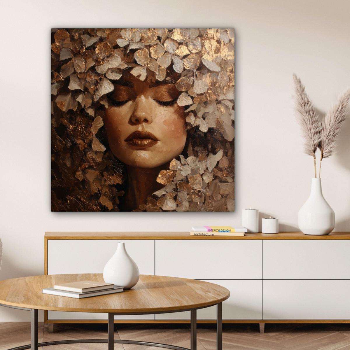 LEINWANDBILD Gesicht - Dame - Blätter - Pinselstriche Deko Groß 90x90 cm - Goldfarben, Textil (90/90cm) - MuchoWow