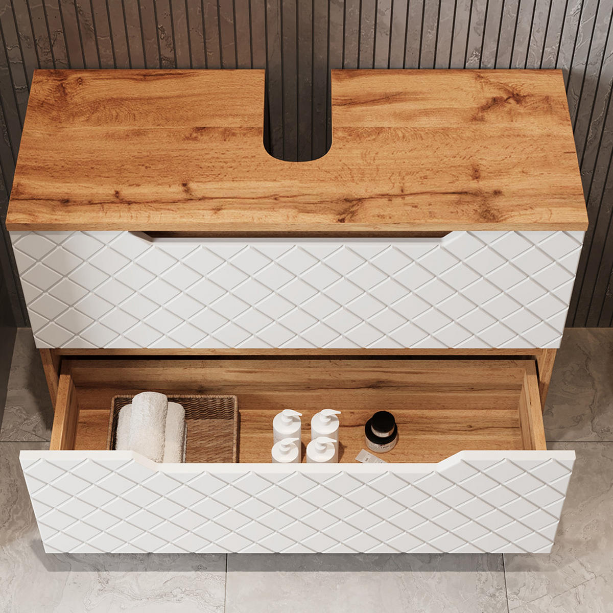 WASCHBECKENUNTERSCHRANK Lotta Eiche/Weiß mit Kachelstruktur 79.6 x 62.5 cm mit 2 Schubladen - Eichefarben/Weiß, Holzwerkstoff (79.6/62.5/32cm) - Vicco