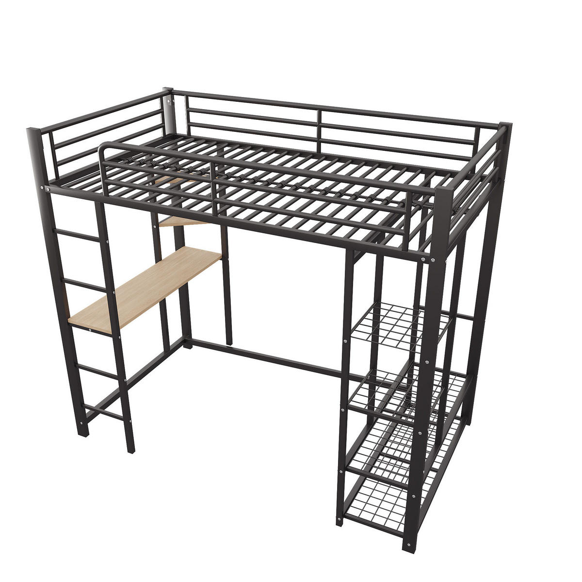 HOCHBETT 90/200 cm mit Leiter, Schreibtisch, Regal und Kleiderstange, Metall/MDF, Schwarz - Schwarz, Metall (90/200cm) - Redom