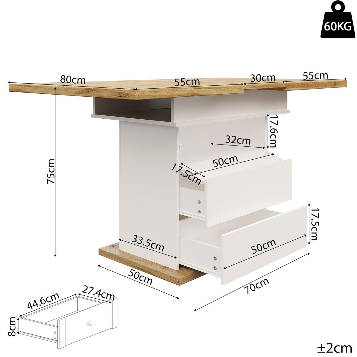 JÍDELNÍ stůl 110-140/80/75 cm přírodní/bílý z MDF s rozkládací deskou a úložným prostorem - bílá, kompozitní dřevo (140/80/75cm) - OKWISH