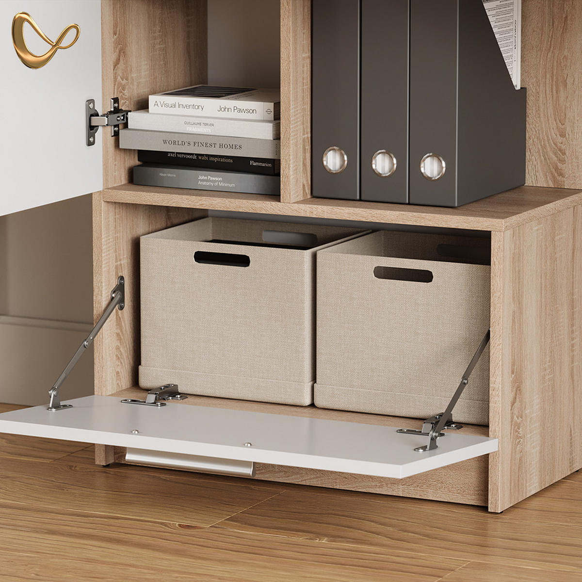 SCHREIBTISCH Lorena Sonoma/Weiß 150 x 120.1 cm mit 2 Türen - Sonoma Eiche, Holzwerkstoff (59.3/150/120.1cm) - Livinity®