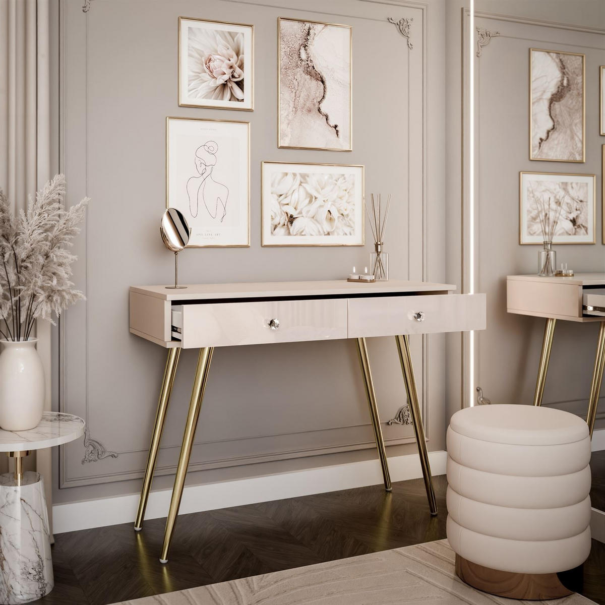 KONSOLE SIENNA KASCHMIR auf schrägen goldenen Beinen - Beige, Holzwerkstoff (100/81/42cm) - Lookway