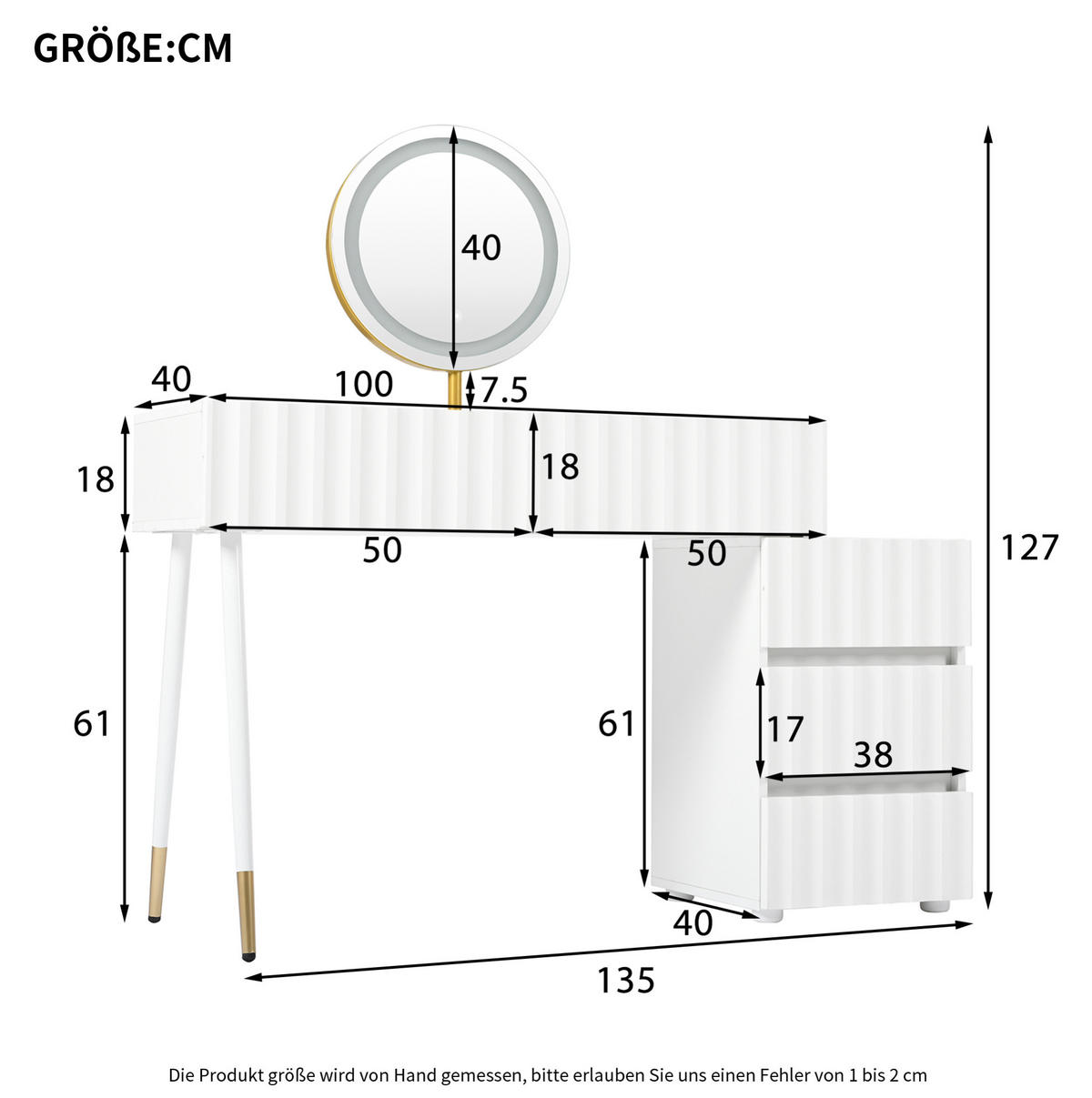 SCHMINKTISCH 100/40/127 cm Weiß mit LED-Beleuchtung und 5 Schubladen - Weiß, Holzwerkstoff (40/127/135cm) - OKWISH