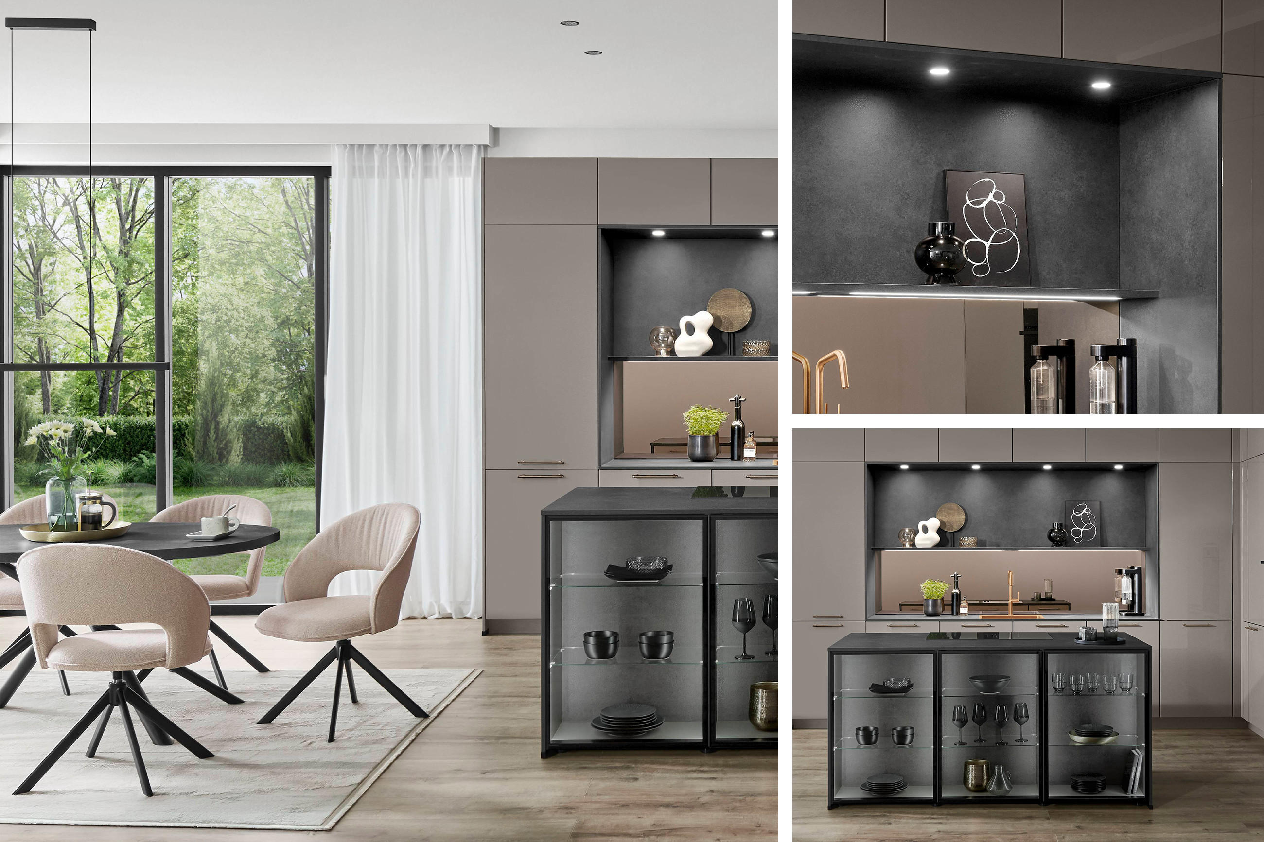 Collage mit drei Detailbildern einer modernen Küche und Esstischgruppe die von direkter und direkter Beleuchtung unterstützt werden.