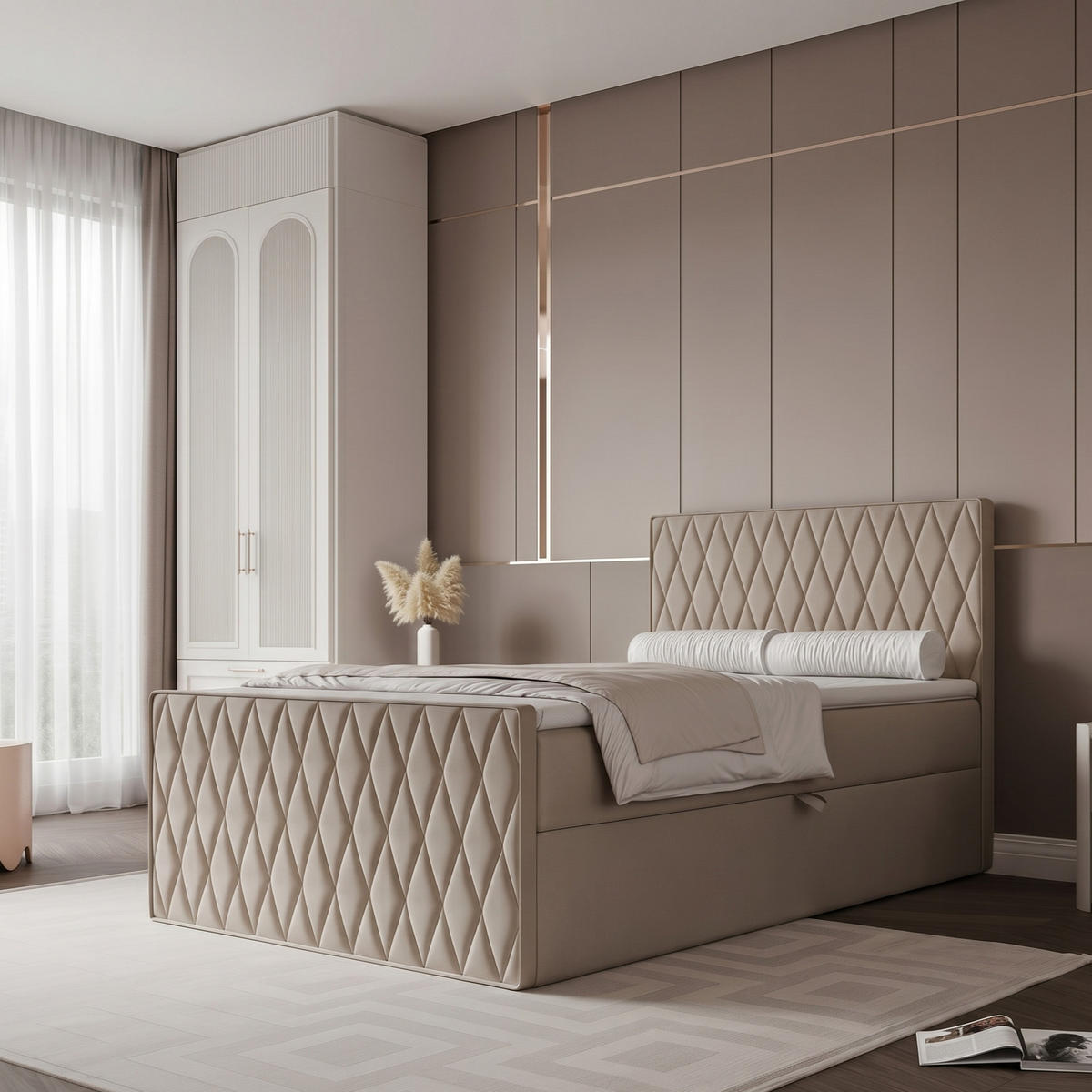 BOXBETT PONTI III 120x200 cm Warmes Beige (Samt) - mit Bettkasten, Bonellmatratze und Rautensteppung - Beige, Holzwerkstoff/Textil (120/200cm) - Ravio
