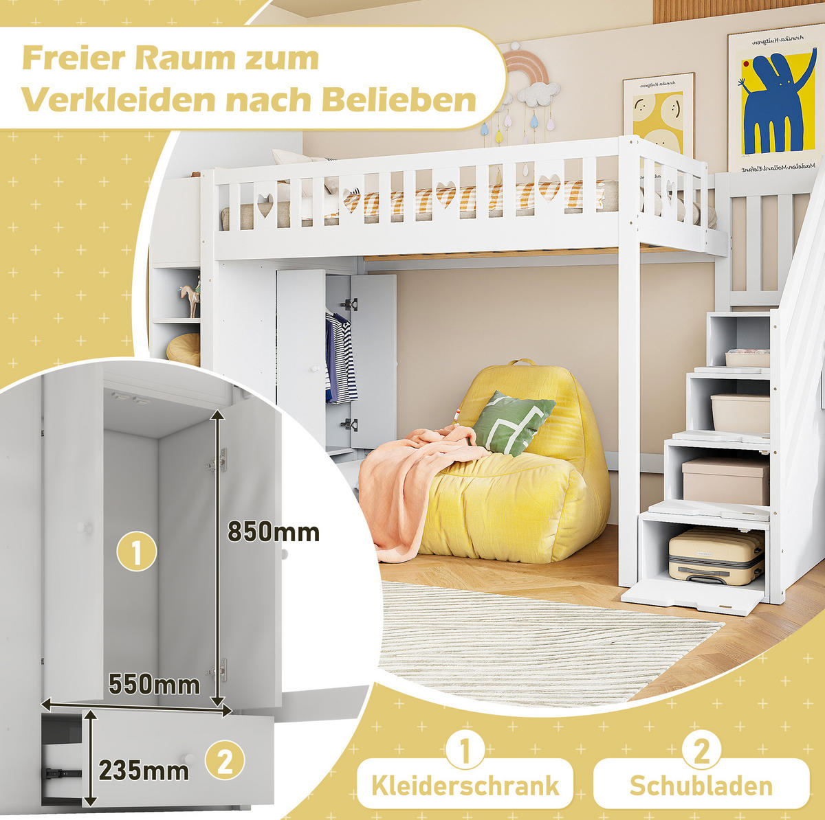 HOCHBETT 90/200 cm Weiß aus Kiefernholz mit Stauraumleiter und Regalen - Weiß, Holzwerkstoff (90/200cm) - Flora Grace
