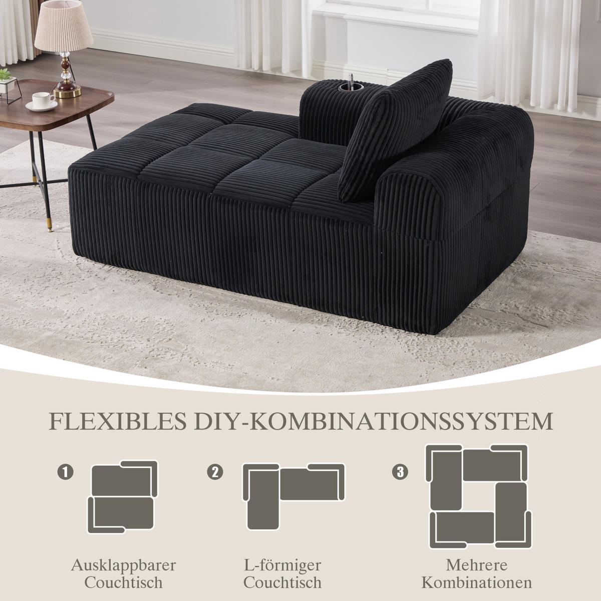 SOFA Cord mit Seitenfächern und Becherhaltern 158/93/61 cm Schwarz - Schwarz, Textil (93/61/158cm) - Redom