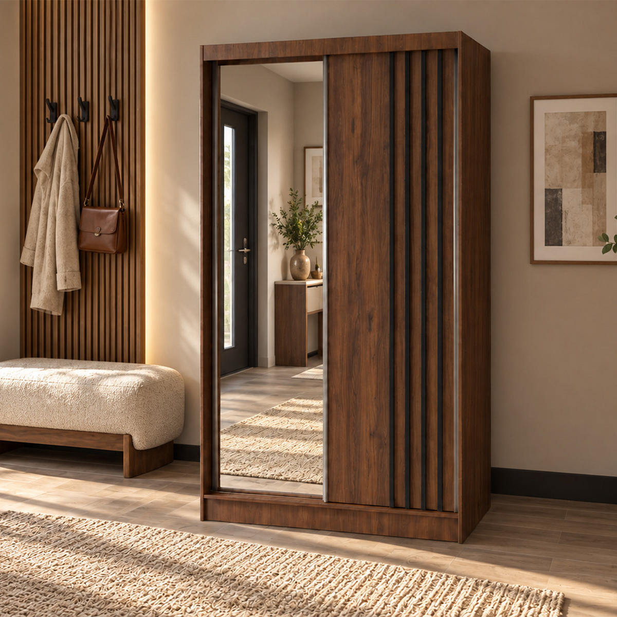 KLEIDERSCHRANK Nila 120 cm Nussbaum Warmia Spiegel 2 Schubl. Griffe schwarz - Nussbaumfarben, Holzwerkstoff (120/216/61cm) - KS Home Concept