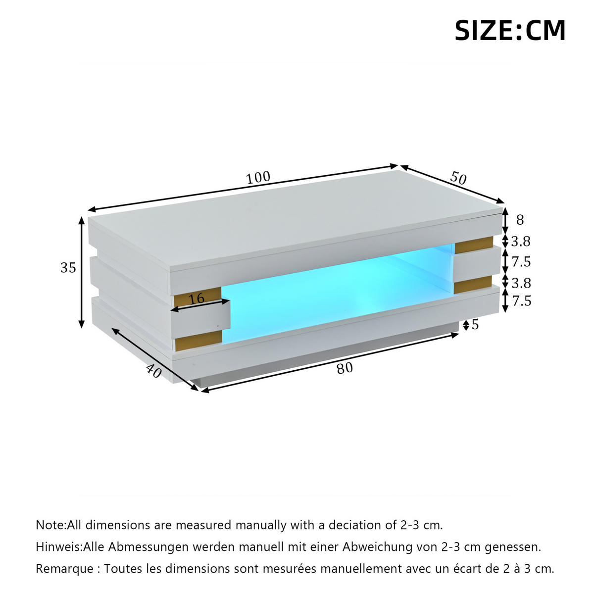 COUCHTISCH aus Spanplatte 100x50x35 cm in Weiß mit LED-Beleuchtung - Weiß, Holzwerkstoff (100/50/35cm) - Modfu