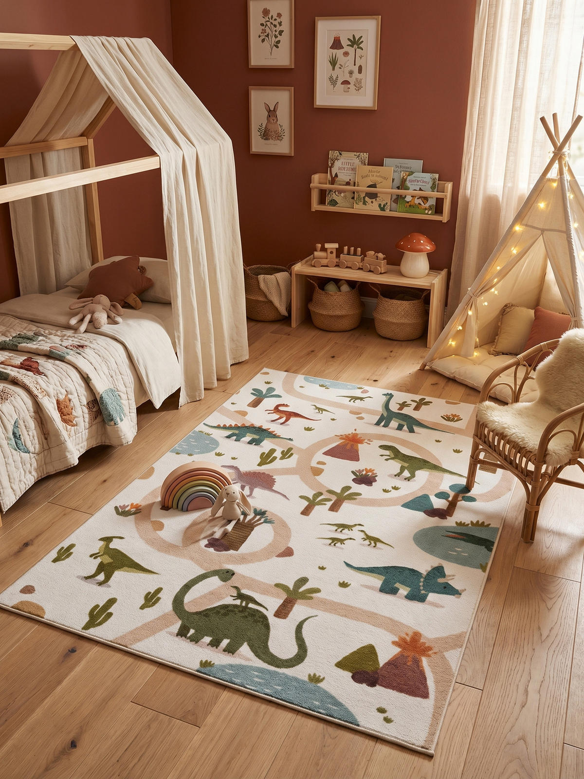 KINDERTEPPICH Kurzflor Dinosaurier-Landschaft Waschbar OEKO-TEX Spielteppich Jungen Mädchen Creme 120x170 – TINO - Creme, Textil (120/170cm) - KADIMA DESIGN