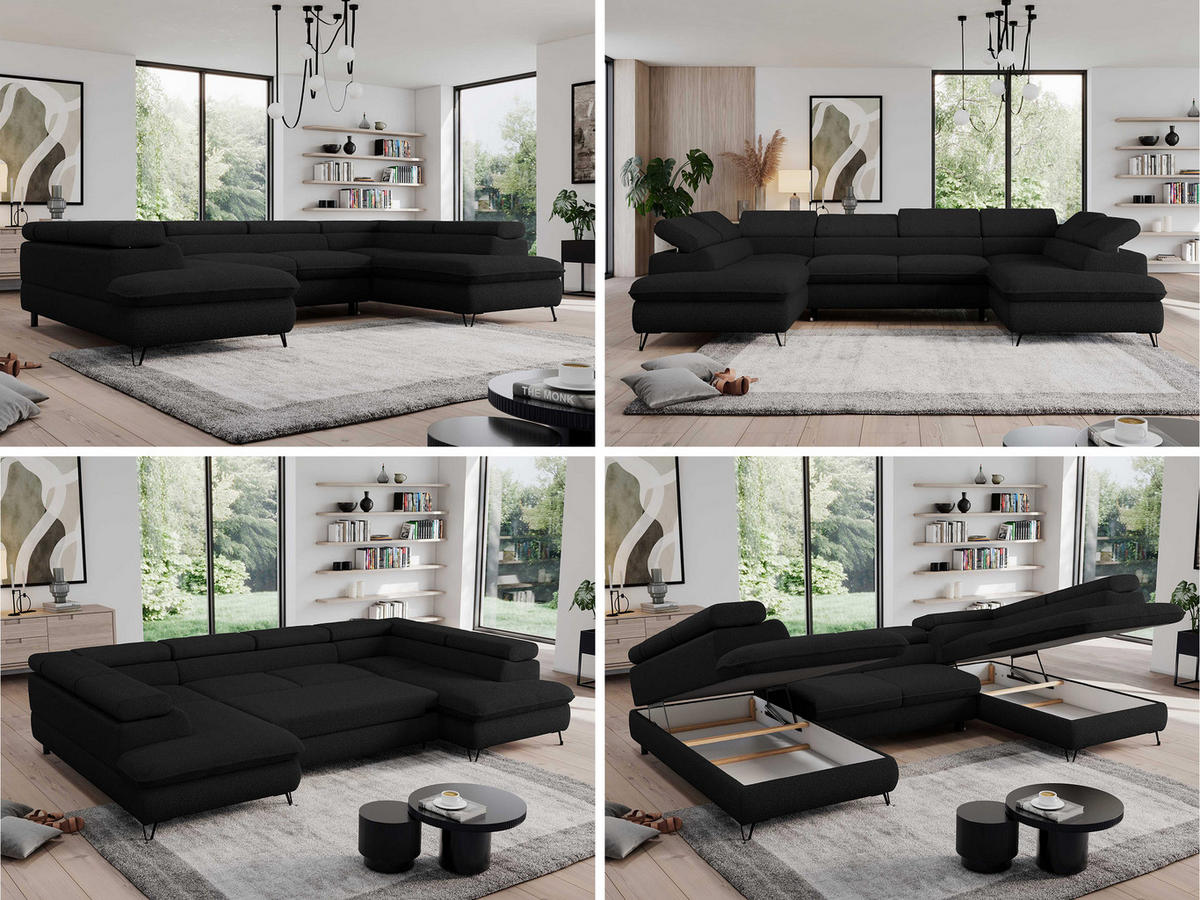 WOHNLANDSCHAFT PEDRO U Boucle Schwarz - Schwarz, Textil/Metall (346/76/208cm) - MKS