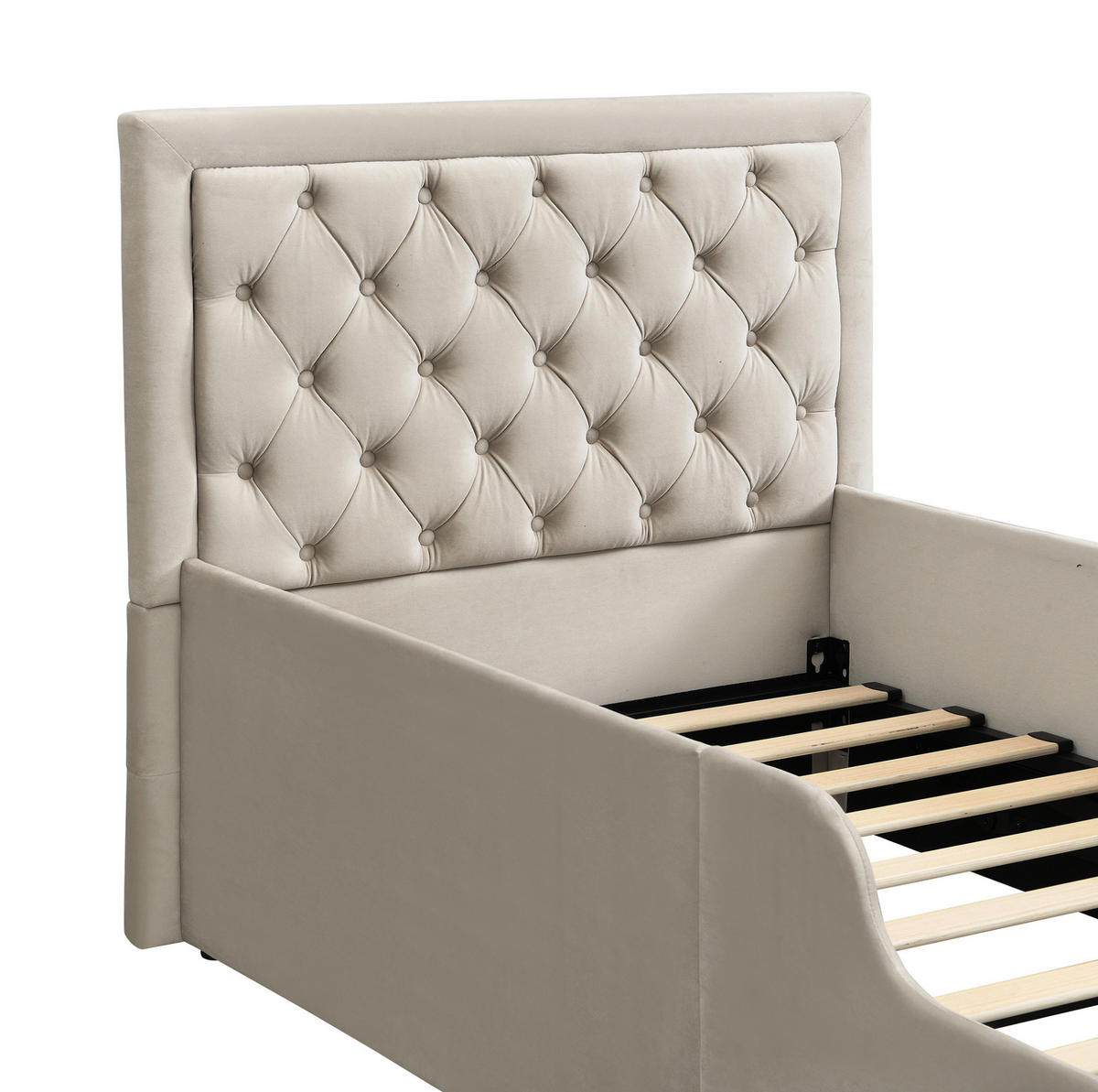 KINDERBETT 90/200 cm beige aus Samt mit Stauraum und Lattenrost - Beige, Holzwerkstoff (90/200cm) - OKWISH