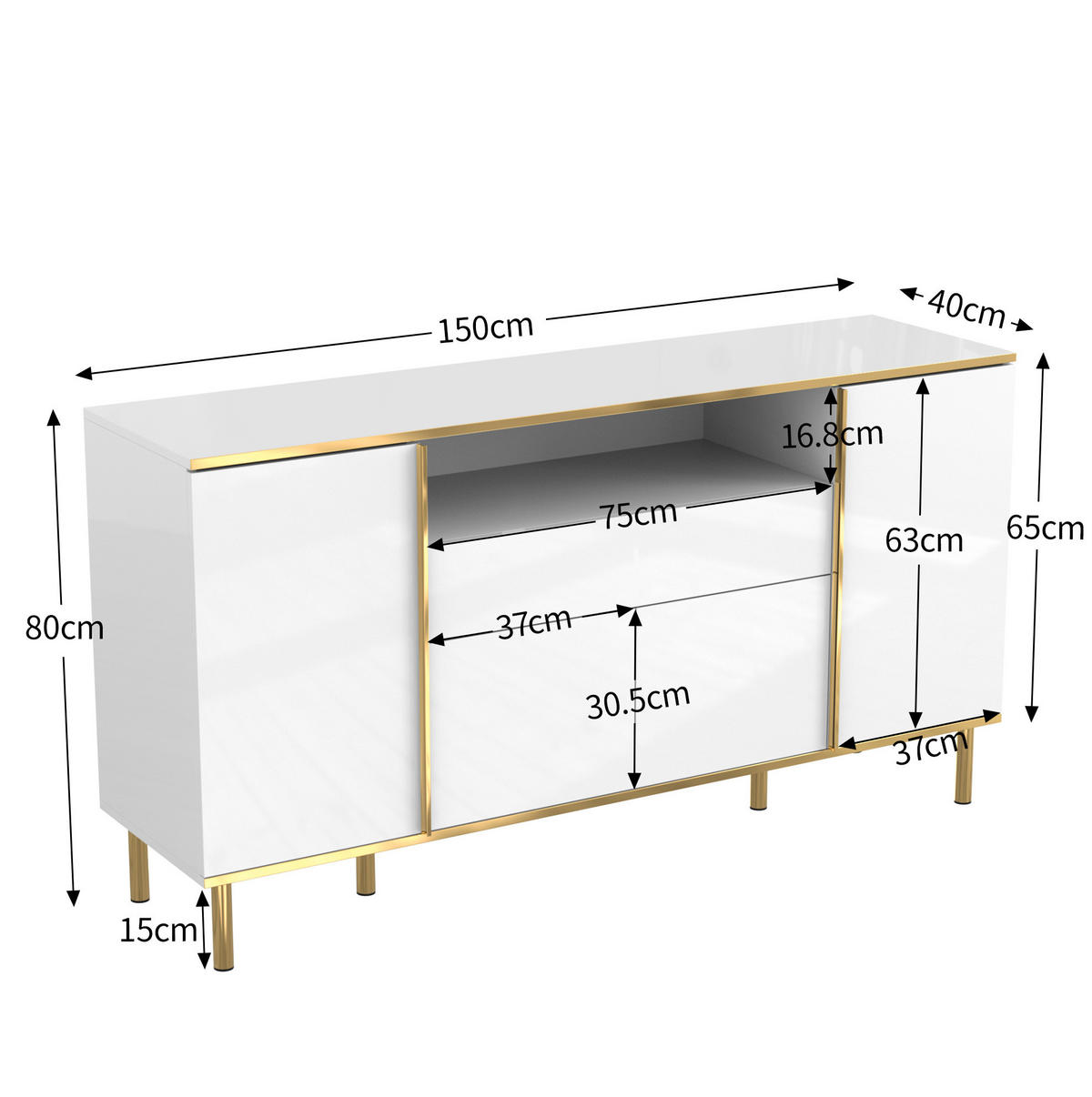 SIDEBOARD 150/40/80 cm weiß aus MDF mit LED-Beleuchtung - Weiß, Holzwerkstoff (150/80/40cm) - OKWISH