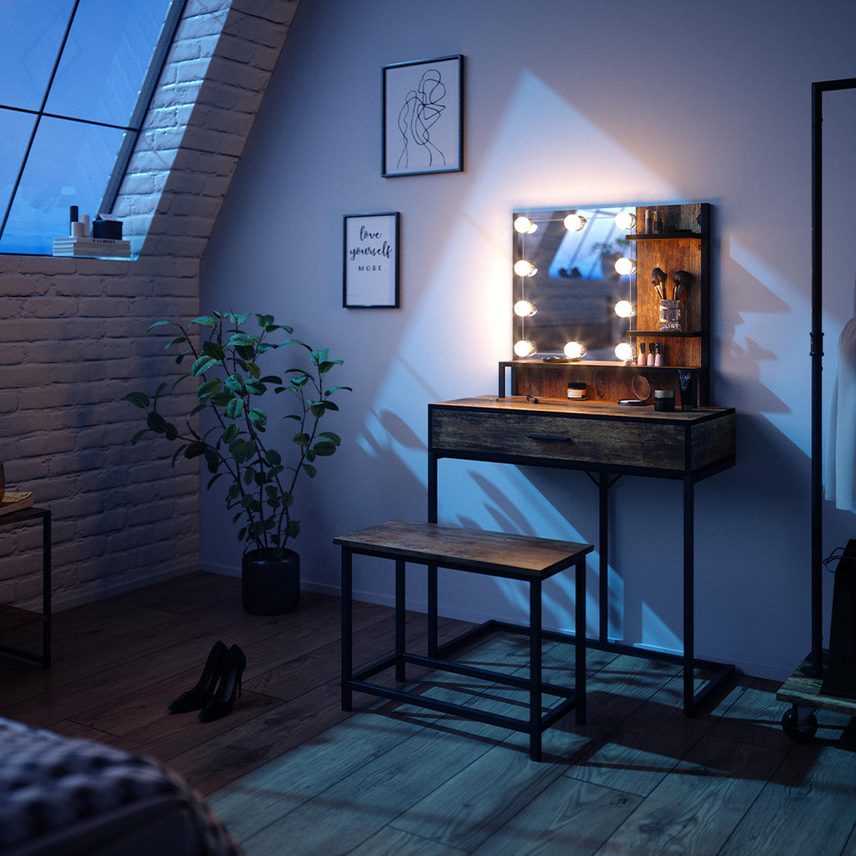 SCHMINKTISCH Fyrk Antikholz 80 cm mit LED Beleuchtung und Stuhl - Alteiche/Schwarz, Holzwerkstoff (80/135.5/40cm) - Vicco
