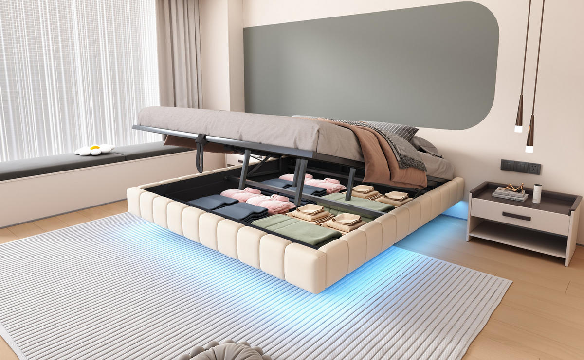 POLSTERBETT 180x200 cm LED Stauraum beige - Beige, Textil (180/200cm) - Fortuna Lai