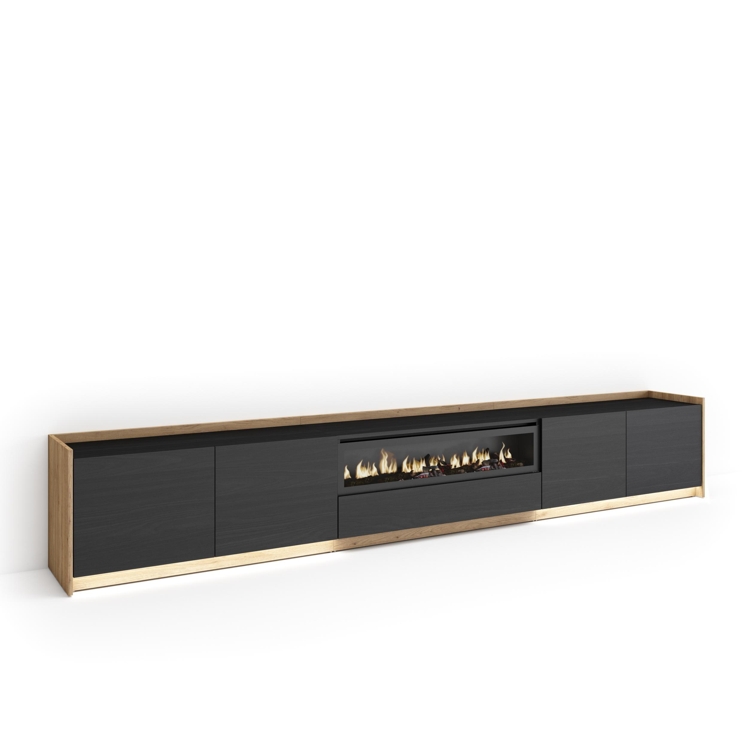 LOWBOARD, Schwarz und Eiche, 310/37/50cm, Kamin mit Feuereffekt - Schwarz, Holzwerkstoff (310/50/37cm) - Skraut Home