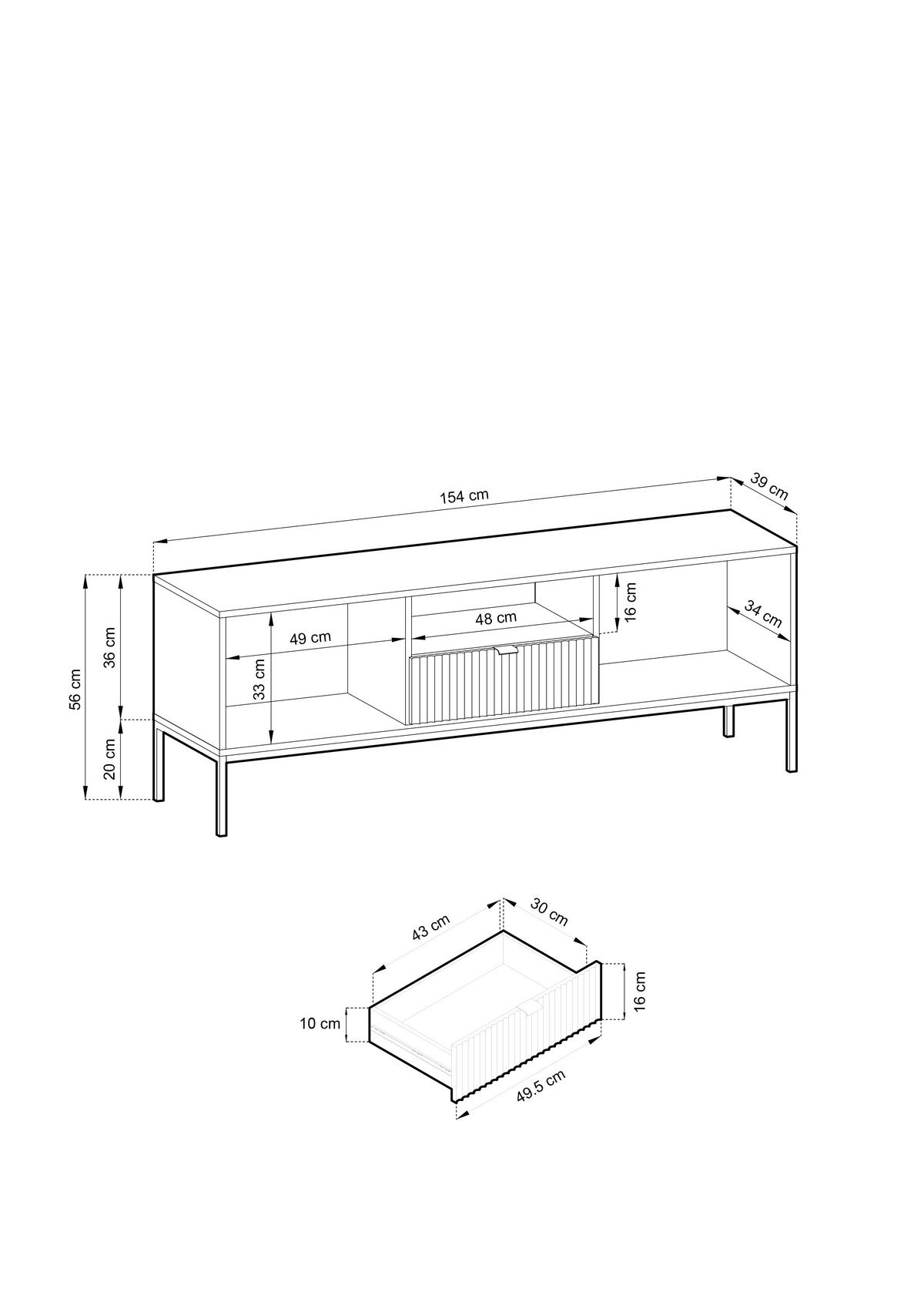 TV-SCHRANK NOVA Geriffelt Regal, 2 Türen, Schublade, Schwarze Beine, 154x39x56cm, Grau - Graphitfarben/Schwarz, Holzwerkstoff/Kunststoff (154/56/39cm) - DomoHome