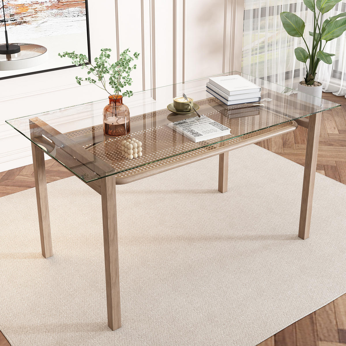 ESSTISCH SET mit Esstisch aus Glas und 4 Rattan stühle - Grün, Glas/Textil (110/74/65cm) - Urban Meuble