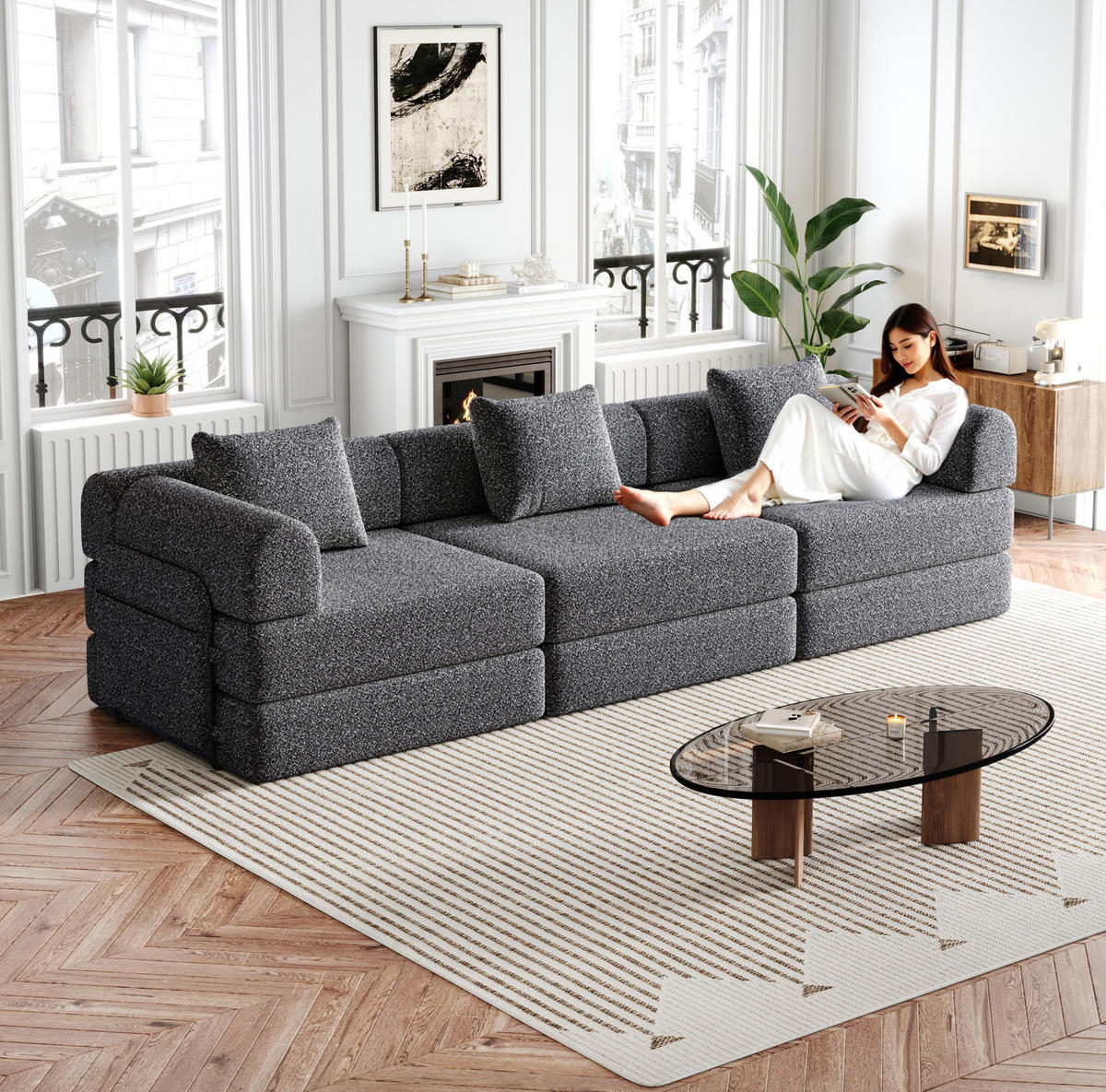 SCHLAFSOFA 2-in-1, Chenille mit Armlehnen-Staufach & Stahlrahmen, 91,4/274/69,8 cm, Grau - Grau, Textil (91.4/69.8/274cm) - Redom