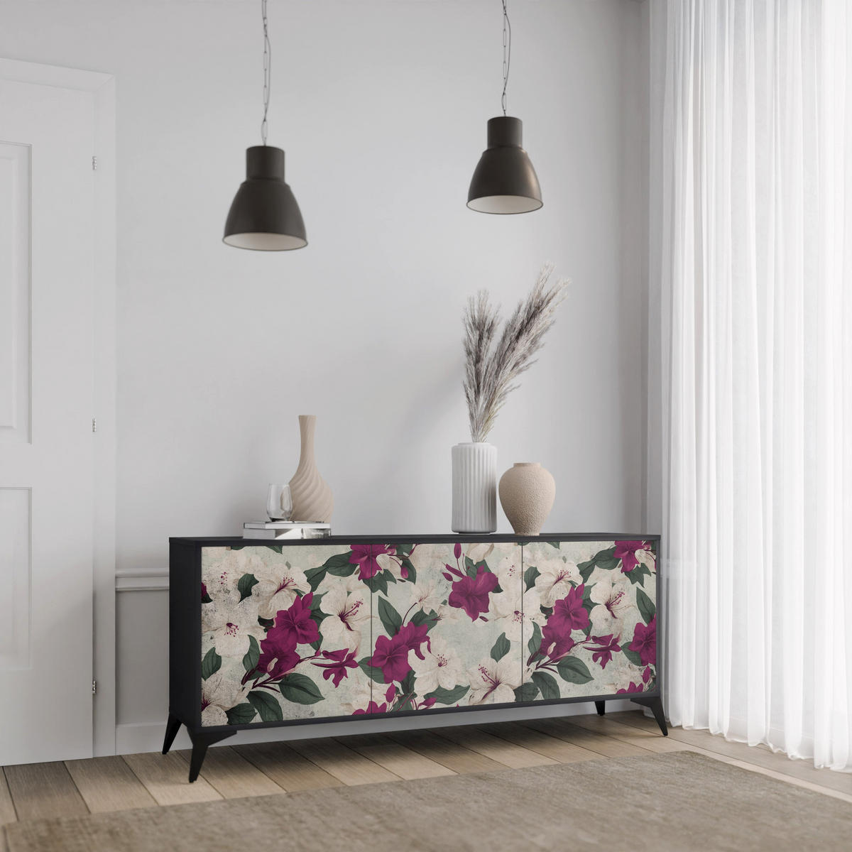 SIDEBOARD FLOWERET DREAM, Eicheneffekt, 164,5x42x77,5 cm, 3 Türen - Eichefarben/Buchefarben, Holzwerkstoff/Buchenholz (164.5/77.5/42cm) - SpaceRebels