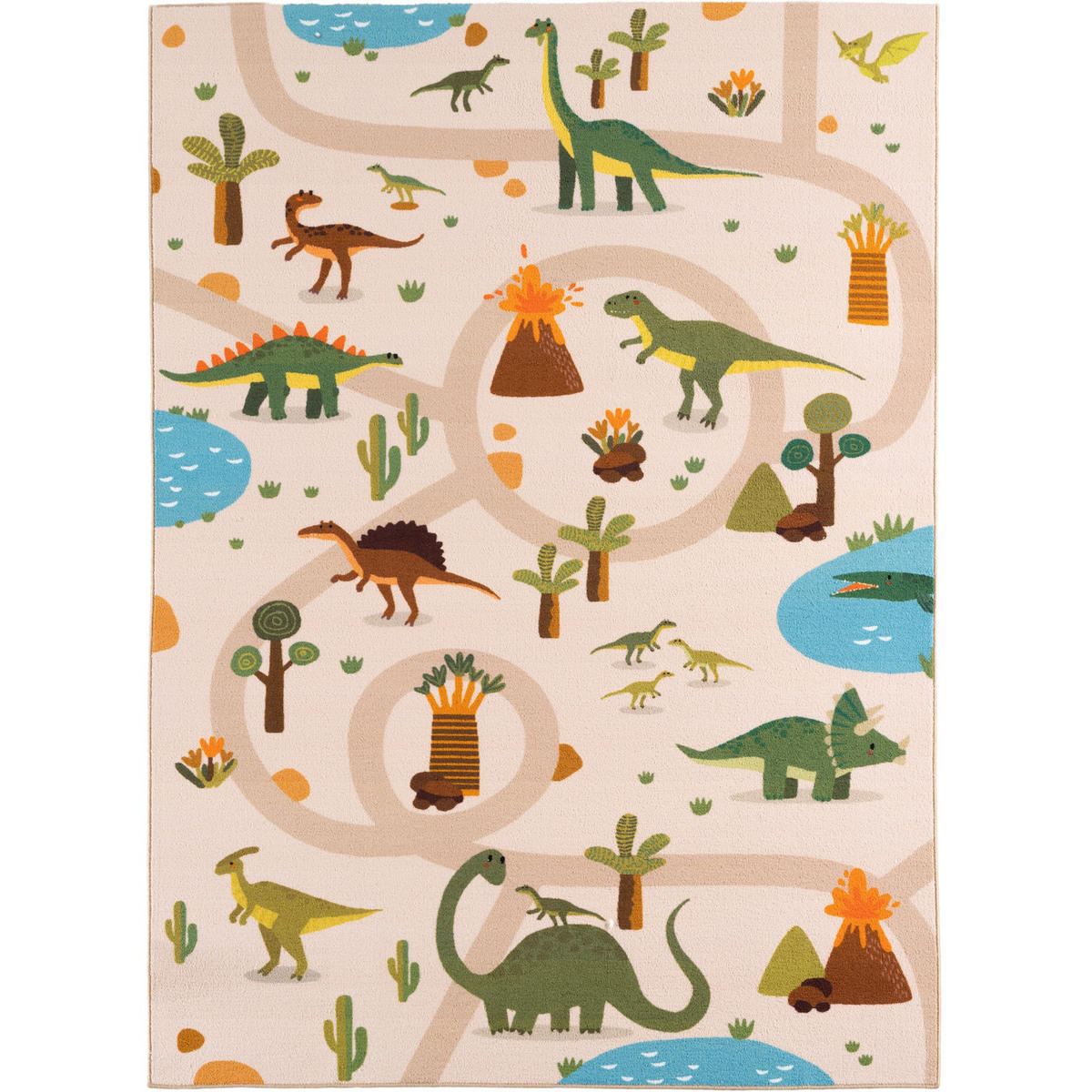 KINDERTEPPICH Kurzflor Dinosaurier-Landschaft Waschbar OEKO-TEX Spielteppich Jungen Mädchen Beige 120x170 – TINO - Beige, Textil (120/170cm) - KADIMA DESIGN
