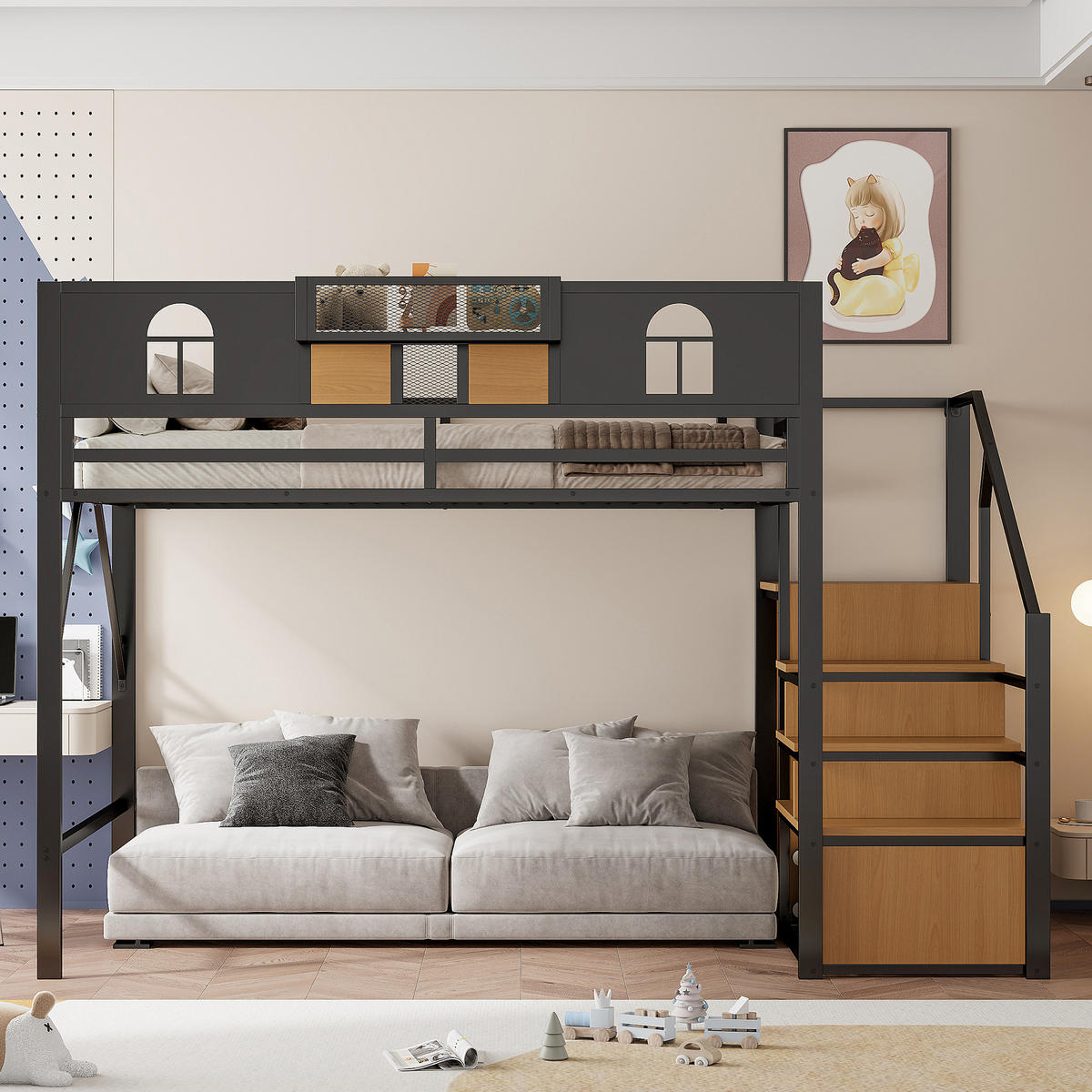 HOCHBETT 140/200 cm schwarz mit Stauraumleiter und Ablagefläche mit Matratze - Schwarz, Metall (140/200cm) - OKWISH