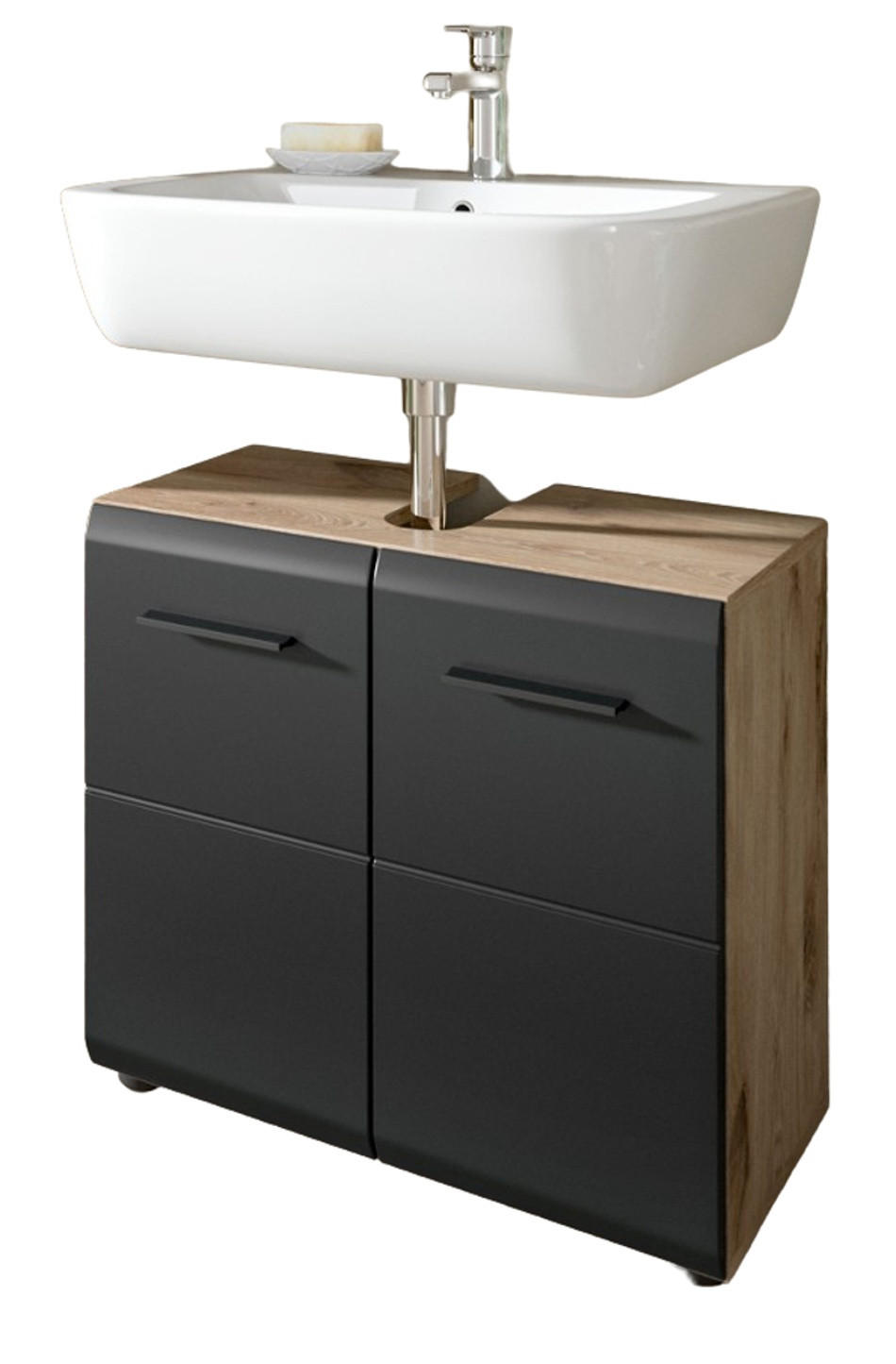 WASCHBECKENUNTERSCHRANK schwarz matt, Eiche Nox, Waschtisch Badschrank 60 cm - Eichefarben/Schwarz, Holzwerkstoff/Kunststoff (60/54/30cm) - Inn.Furn