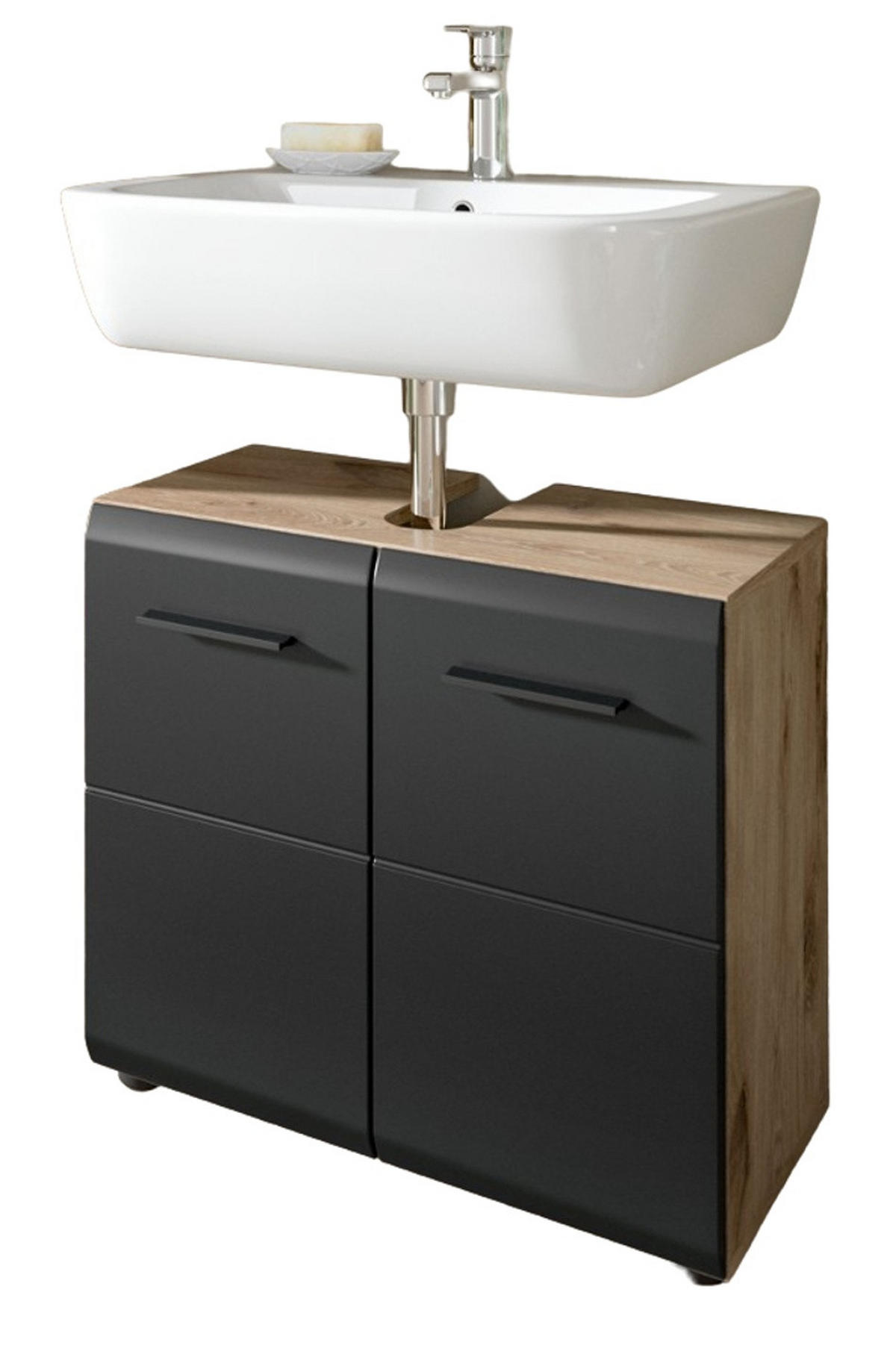 WASCHBECKENUNTERSCHRANK schwarz matt, Eiche Nox, Waschtisch Badschrank 60 cm - Eichefarben/Schwarz, Holzwerkstoff/Kunststoff (60/54/30cm) - Inn.Furn