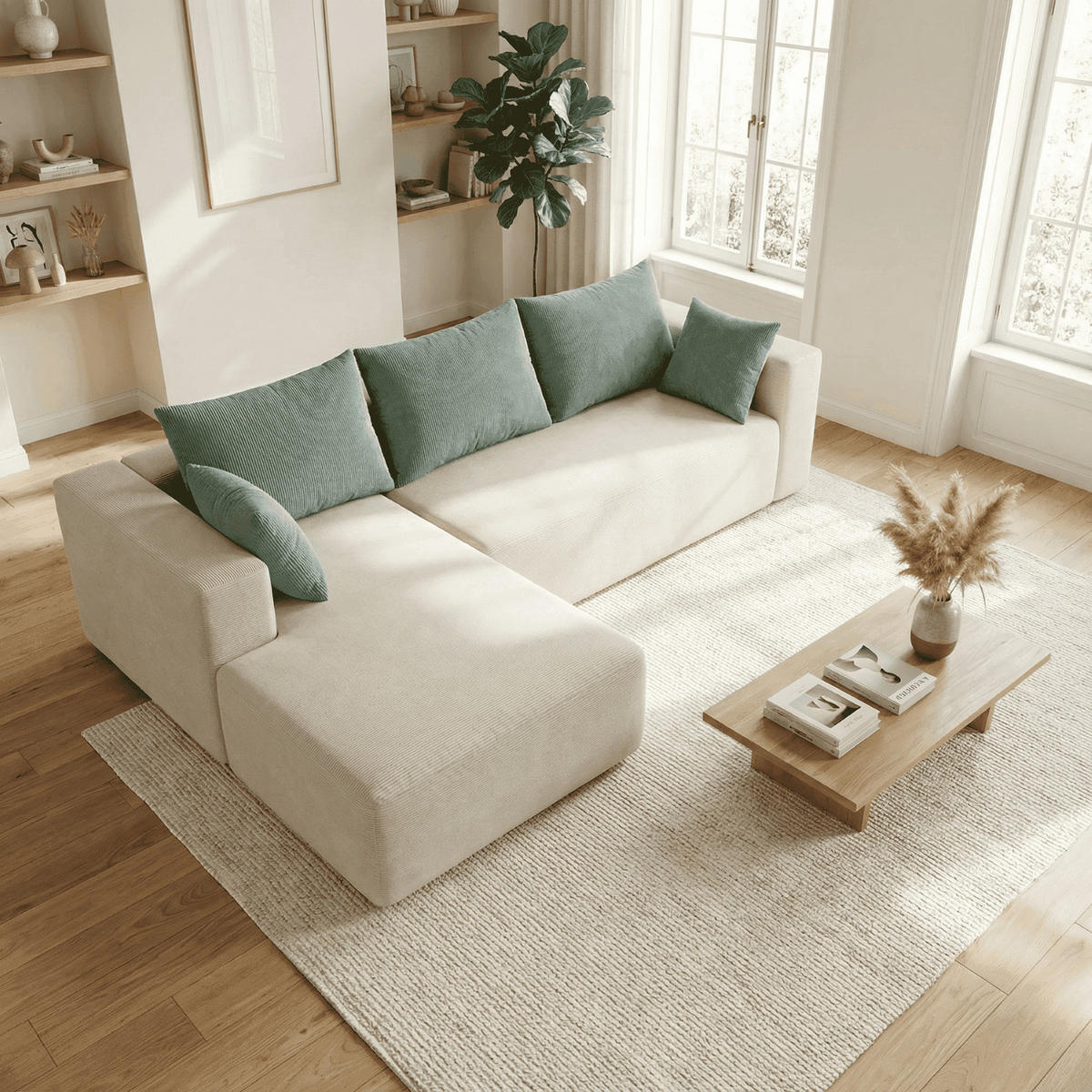 ECKSOFA Luna Weiß Salbei 3-Sitzer Links - Weiß, Textil (267/175cm) - COCO Living