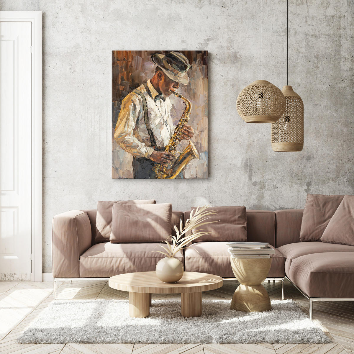 LEINWANDBILD Saxophonist Malerei Retro Stil 80/120 cm - Beige/Schwarz, Textil (80/120cm) - Muralo