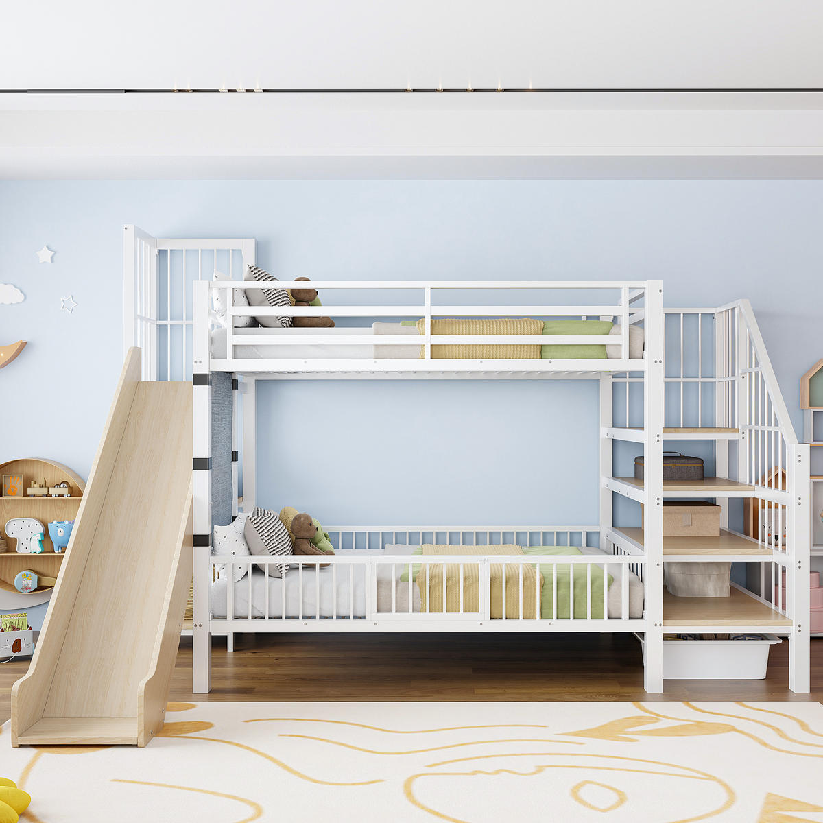 ETAGENBETT aus Metall 90x200 cm in Weiß mit Rutsche & Stauraumtreppe - Weiß, Metall (90/200cm) - Modfu