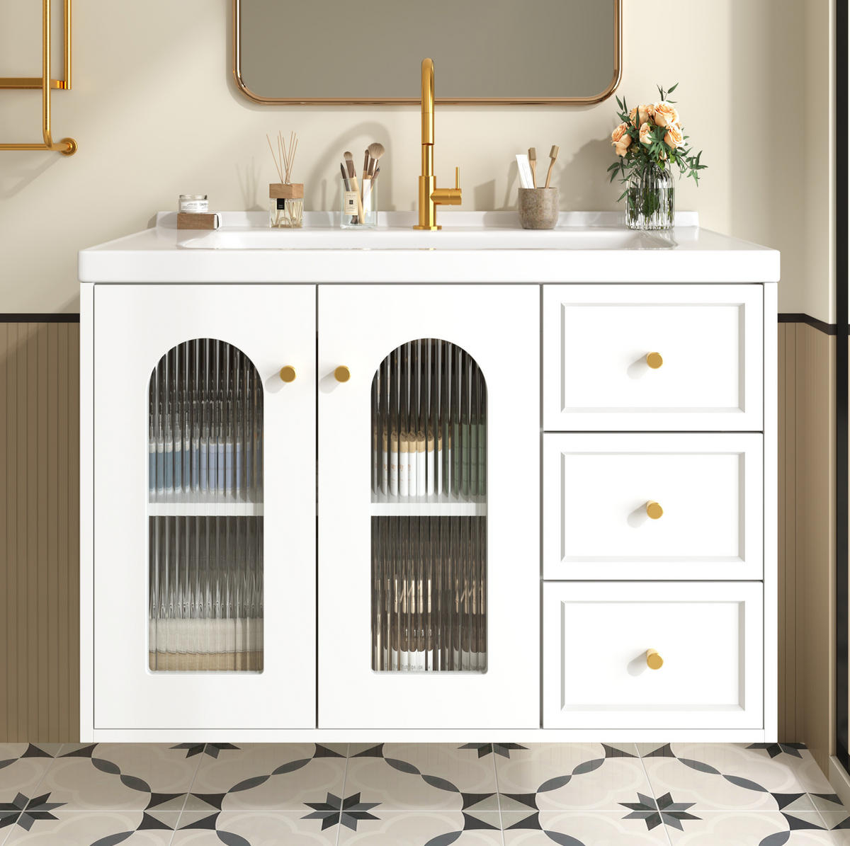 WANDMONTIERTER Badschrank mit Keramikwaschbecken 80x50x58 cm Weiß, 2 Schubladen, verstellbare Einlegeböden, modernes Design - Weiß, Holzwerkstoff (80/58/50cm) - Modfu