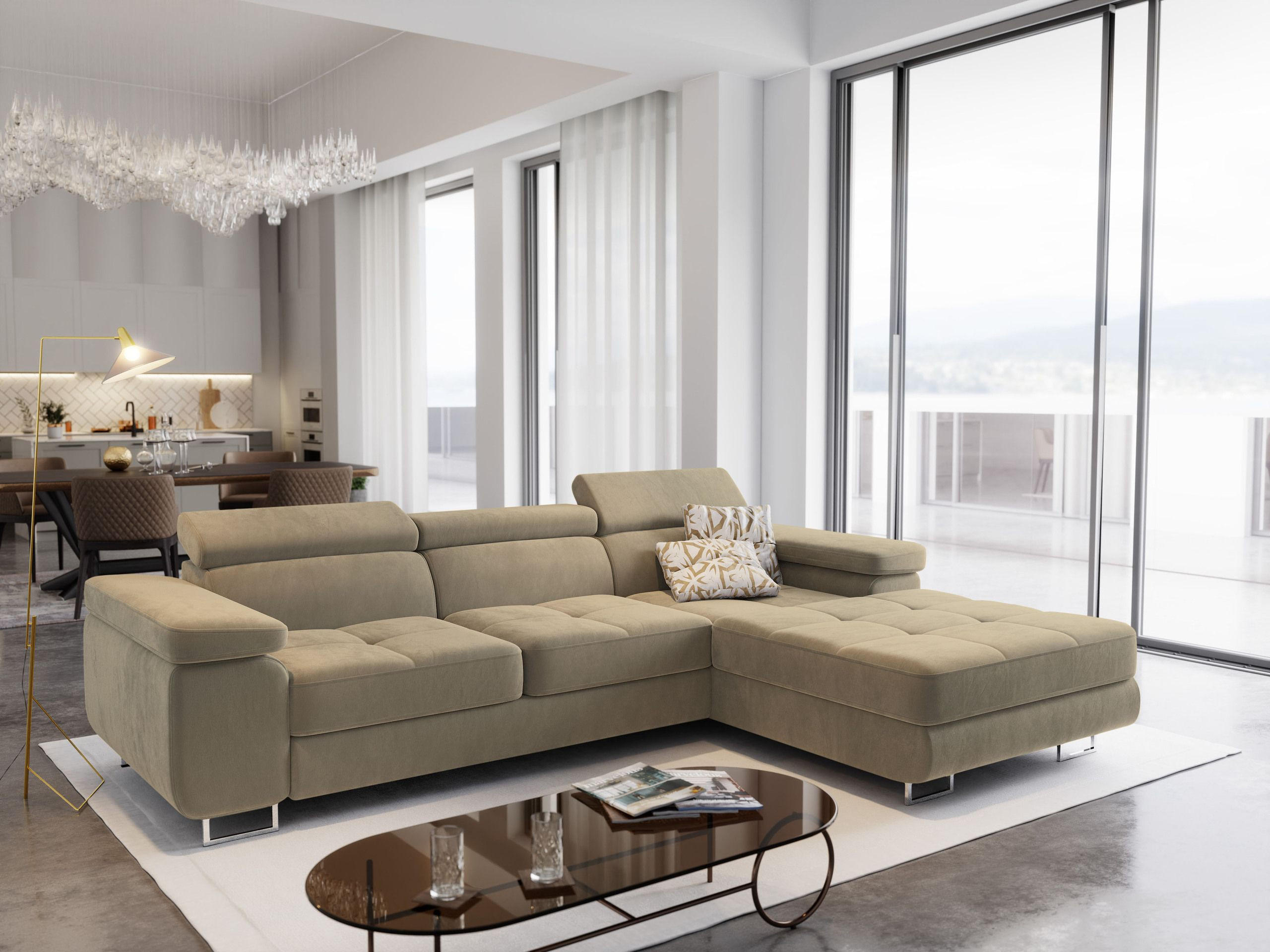 ECKSOFA ELMA R-S Creme Velours-Stoff mit Schlaffunktion - Creme, Holz (280/205cm) - MASSENO