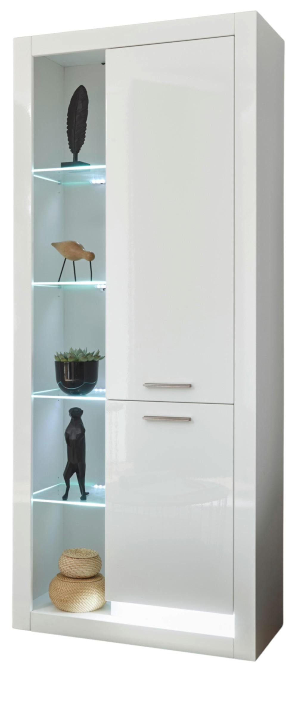 VITRINE weiß Hochglanz 80 x 195 cm, Vitrinenschrank mit 10 Fächern - Weiß Hochglanz/Silberfarben, Glas/Holzwerkstoff (80/195/37cm) - Furn.Design
