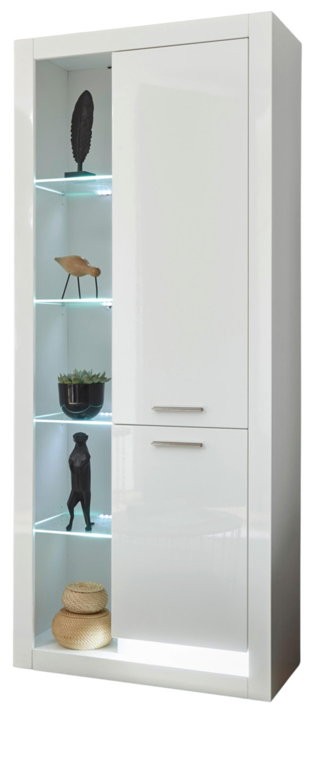 VITRINE weiß Hochglanz 80 x 195 cm, Vitrinenschrank mit 10 Fächern - Weiß Hochglanz/Silberfarben, Glas/Holzwerkstoff (80/195/37cm) - Furn.Design