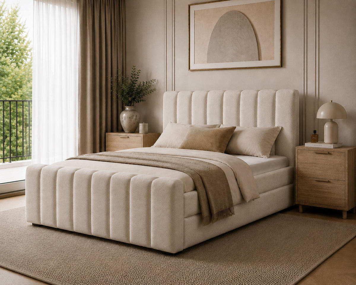 BOXBETT 01 BIS 160 x 200 cm - Vibe - Modernes Polsterbett mit Bettkasten inkl. PU-Schaum-Topper und Federmechanismus - Beige, Holz (160/200cm) - ROYAL24_MARKT