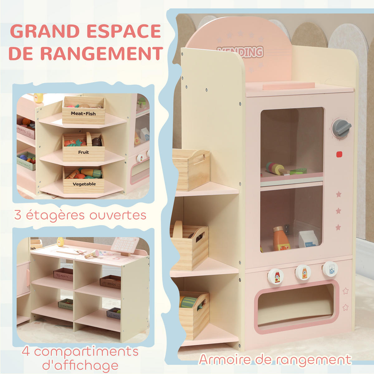 SPIELSUPERMARKT DE-18739 mit Kasse, Waage & Kühlschrank Grün - Pink, Holzwerkstoff (60/73.8/90.7cm) - ComfortXL