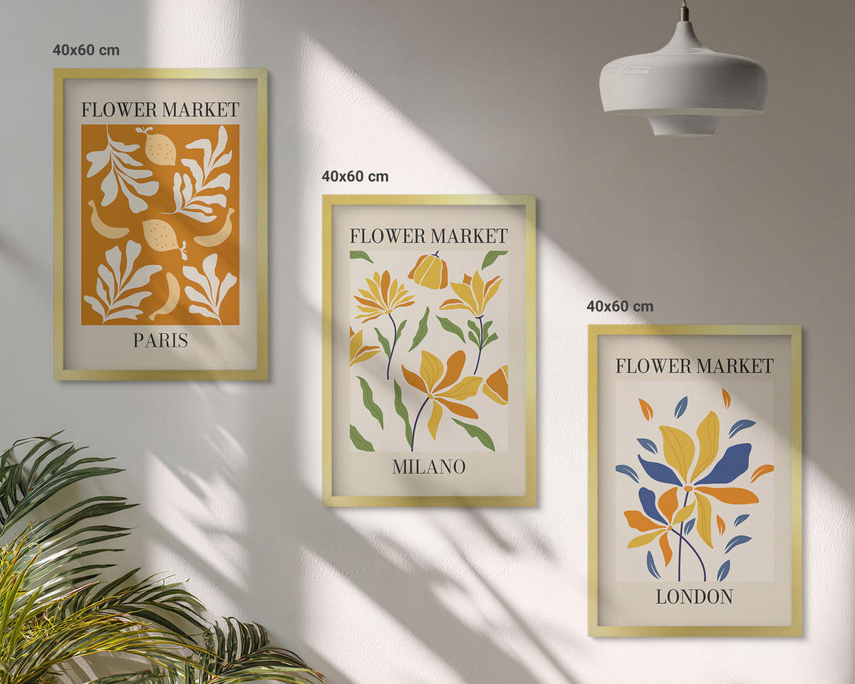 BILDER SET 3er Set - 40x60 cm Goldrahmen - Blumenposter Paris Mailand London - Goldfarben, Kunststoff (40/60cm) - TULUP
