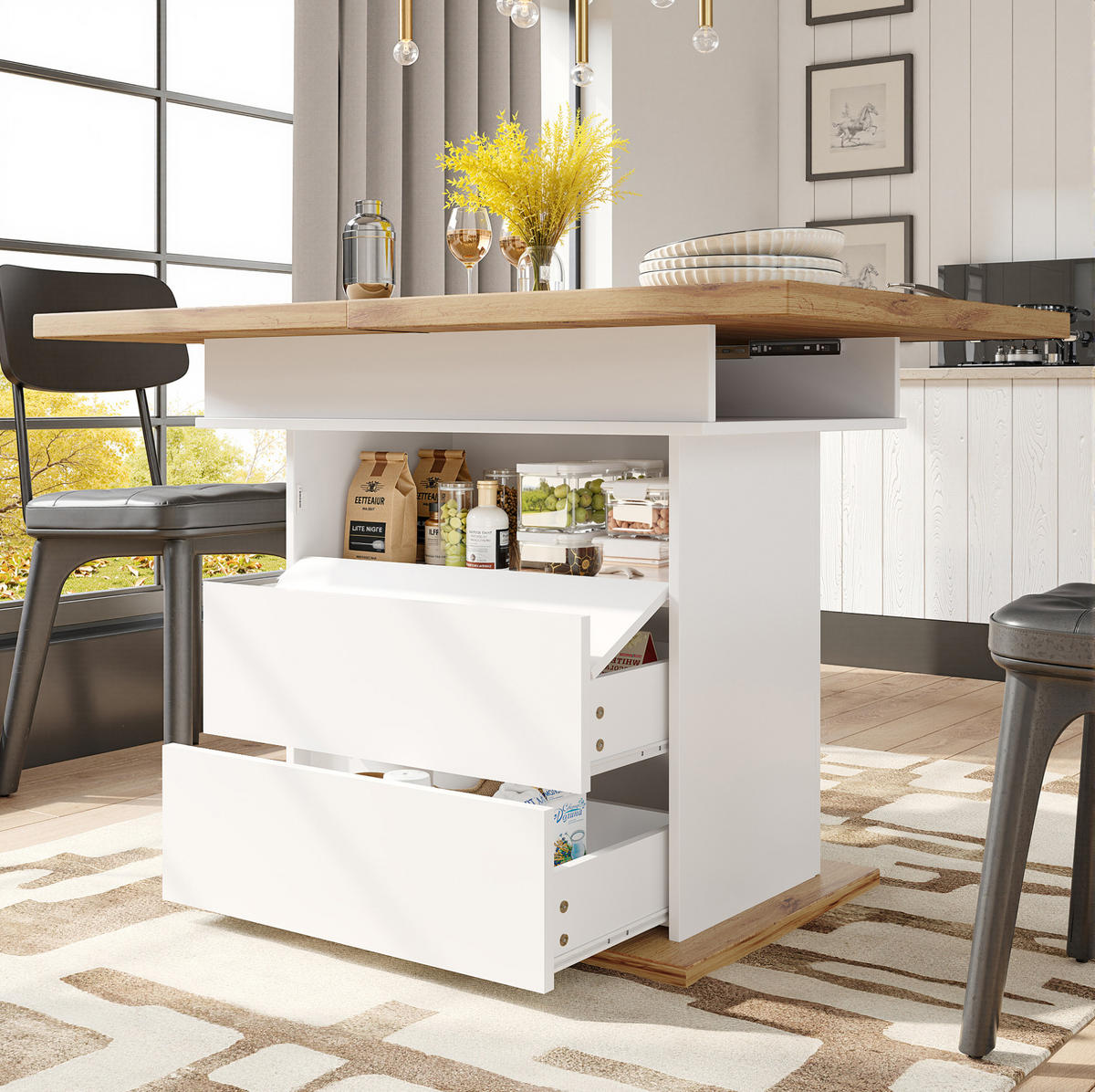 JÍDELNÍ stůl 110-140/80/75 cm přírodní/bílý z MDF s rozkládací deskou a úložným prostorem - bílá, kompozitní dřevo (140/80/75cm) - OKWISH