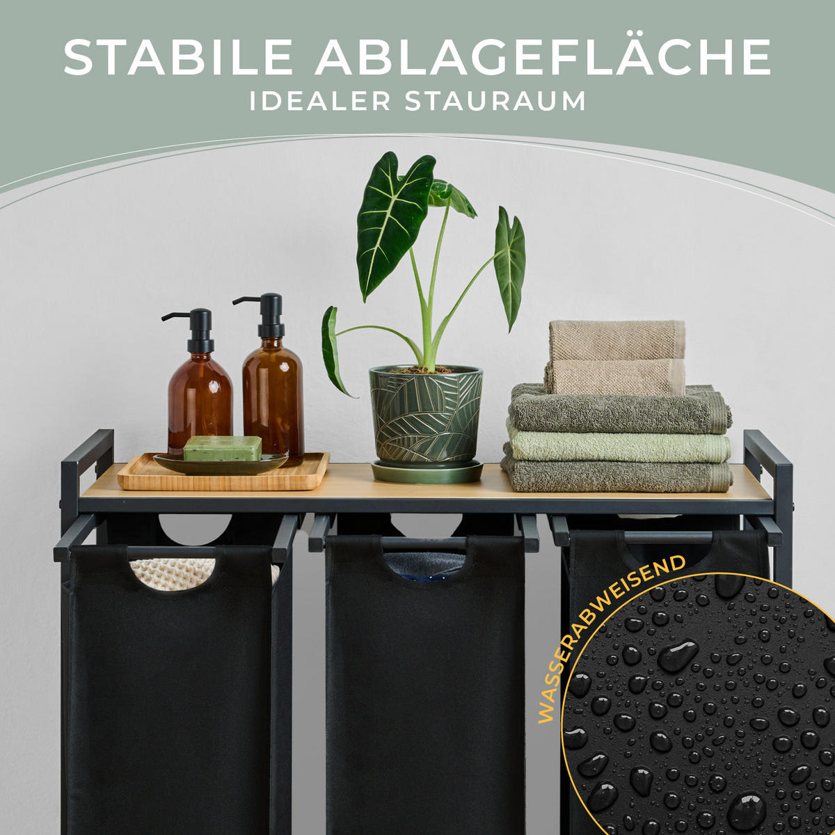 WÄSCHESAMMLER 3 Fächer Schwarz - Wäschekorb mit Ablage in Bambus-Optik - Wäschesortierer 3 Fächer - Ahornfarben, Textil (83.5/73/36cm) - Blumtal