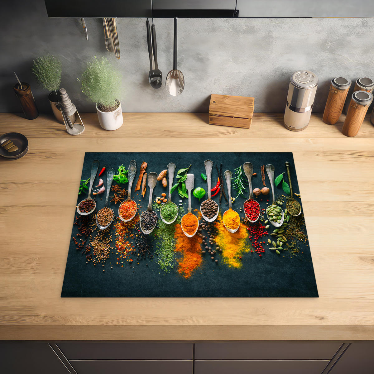 HERDABDECKPLATTE Kräuter - Gewürze - Löffel 65x52 cm - Multicolor, Kunststoff (65/0.2/52cm) - MuchoWow