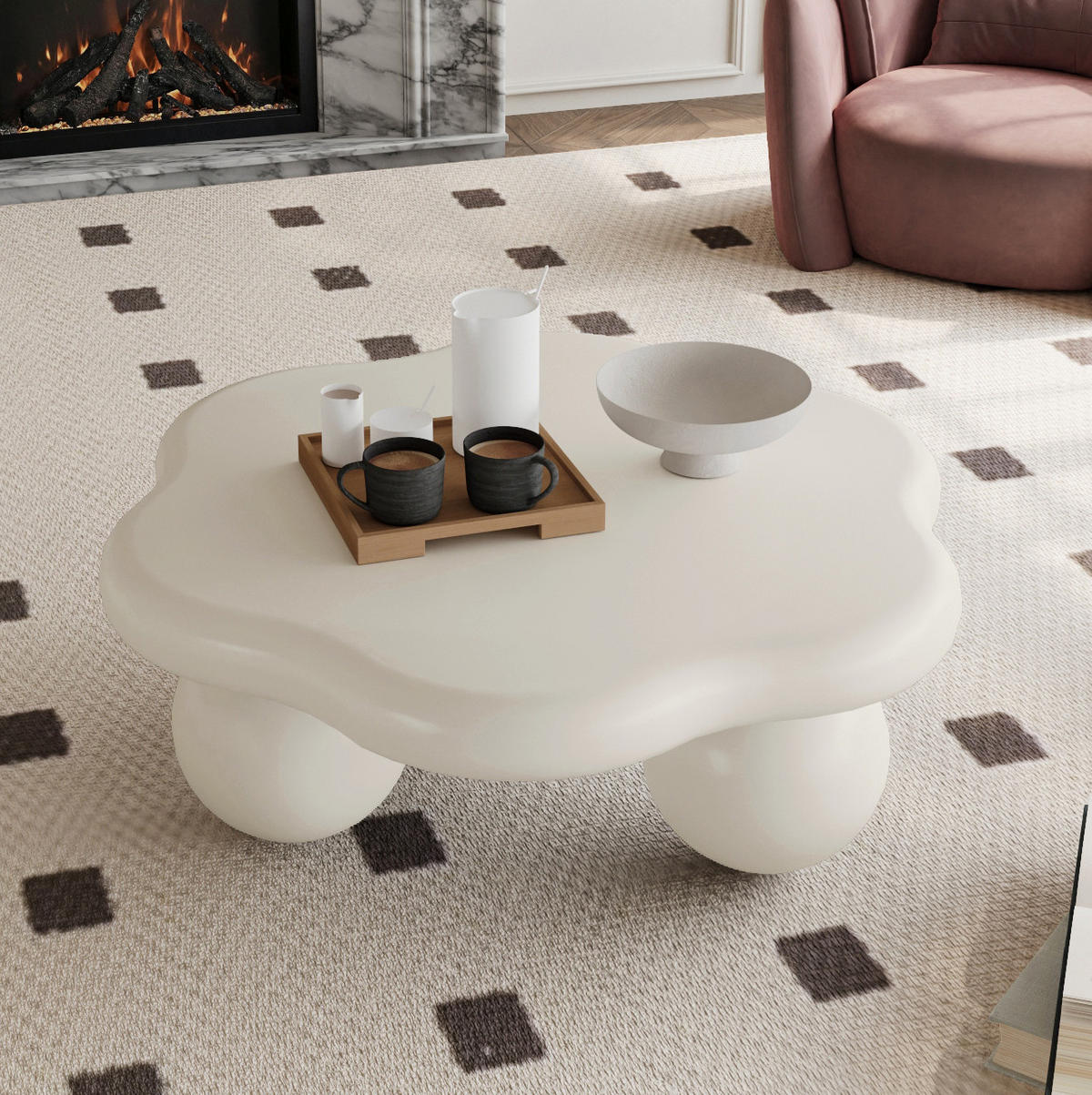COUCHTISCH 79/79/31 cm Cremeweiß aus MDF mit Kugelfüßen - Creme, Holzwerkstoff (79/79/31cm) - OKWISH