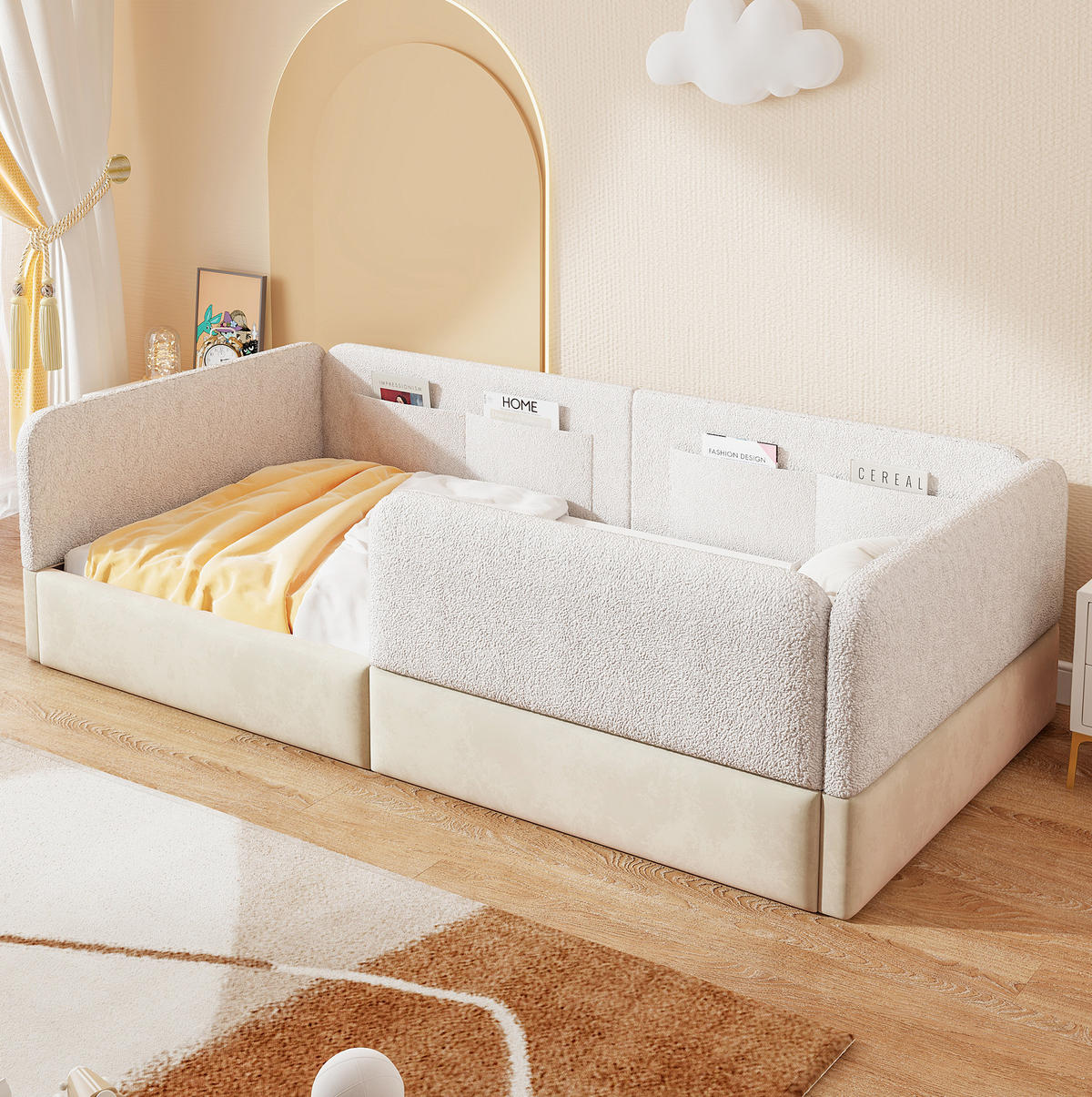POLSTERBETT 90/200 cm weiß aus MDF, Samt und PU mit Schutzgitter - Weiß, Holzwerkstoff (90/200cm) - OKWISH