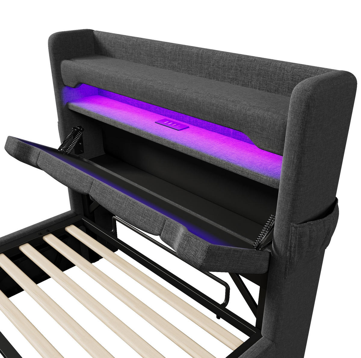 POLSTERBETT 90/200 cm mit hydraulischem Bettkasten, 360°-LED & USB/Type-C im Kopfteil, Grau - Grau, Textil (90/200cm) - Redom