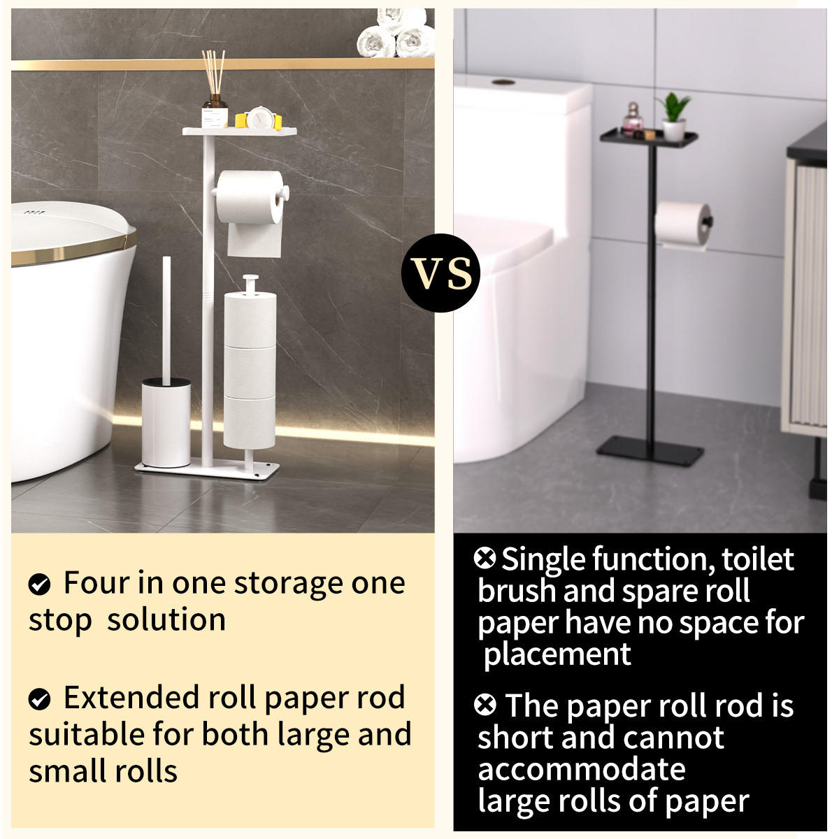 TOILETTENBÜRSTENHALTER – 2-in-1 (Weiß) 24 x 12 x 60 cm - Schwarz, Metall (12/60/24cm)