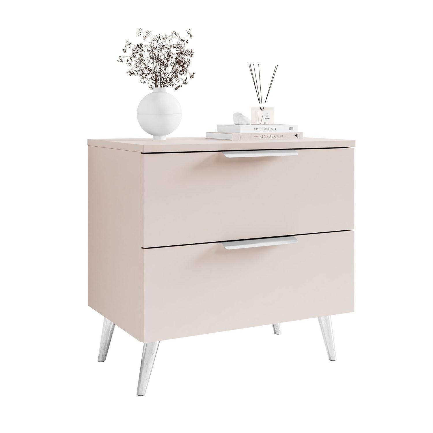 NACHTKOMMODE LINA KASCHMIR 2S auf schrägen Beinen LED silberne Griffe und Beine - Beige, Holzwerkstoff (55/55/37cm) - Lookway