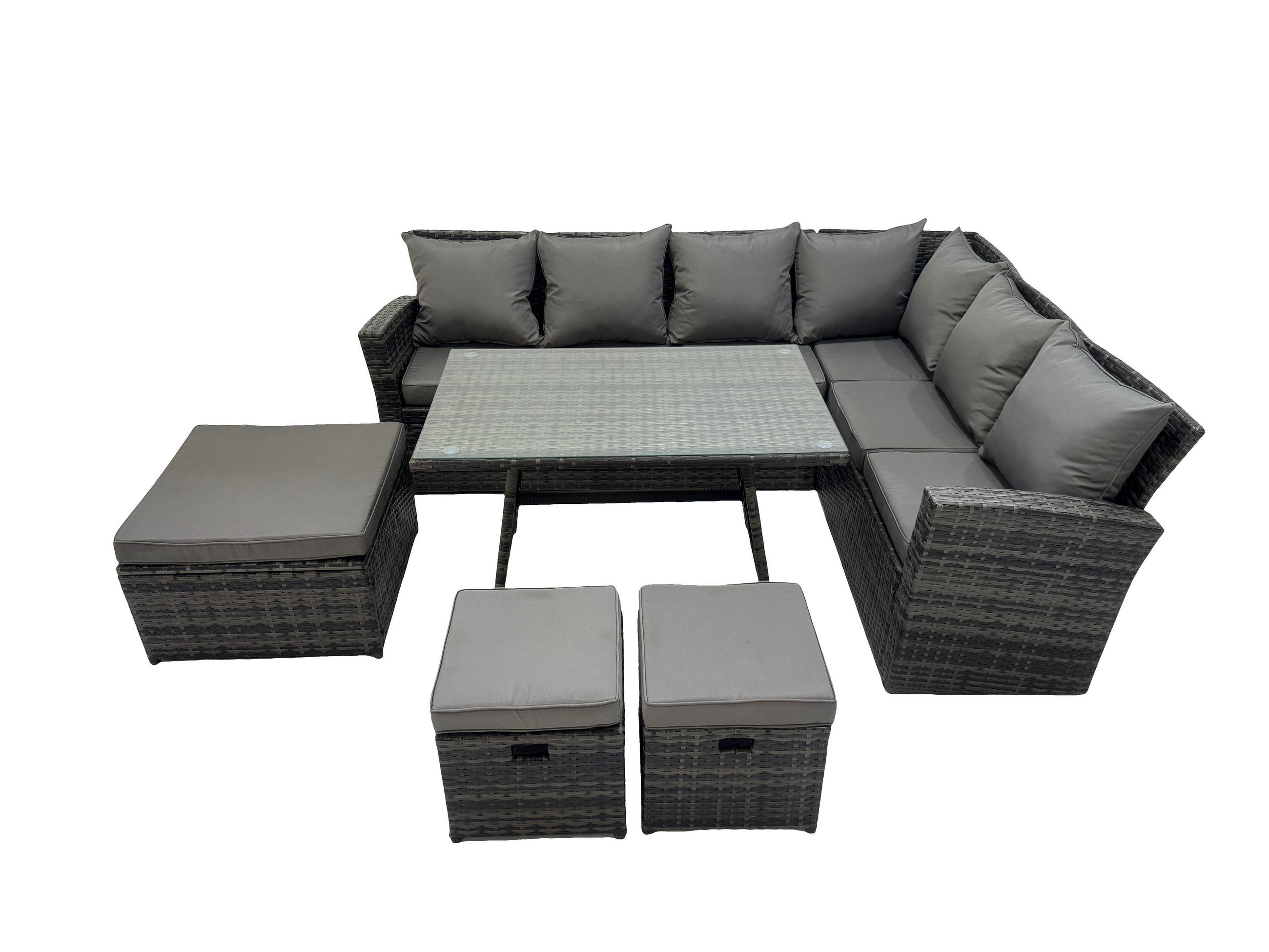 GARTENSOFA SET Hohe Rückenlehne Polyrattan Dunkelgrauer Mix 6-Sitzer - Dunkelgrau/Grau, Glas/Kunststoff - Fimous